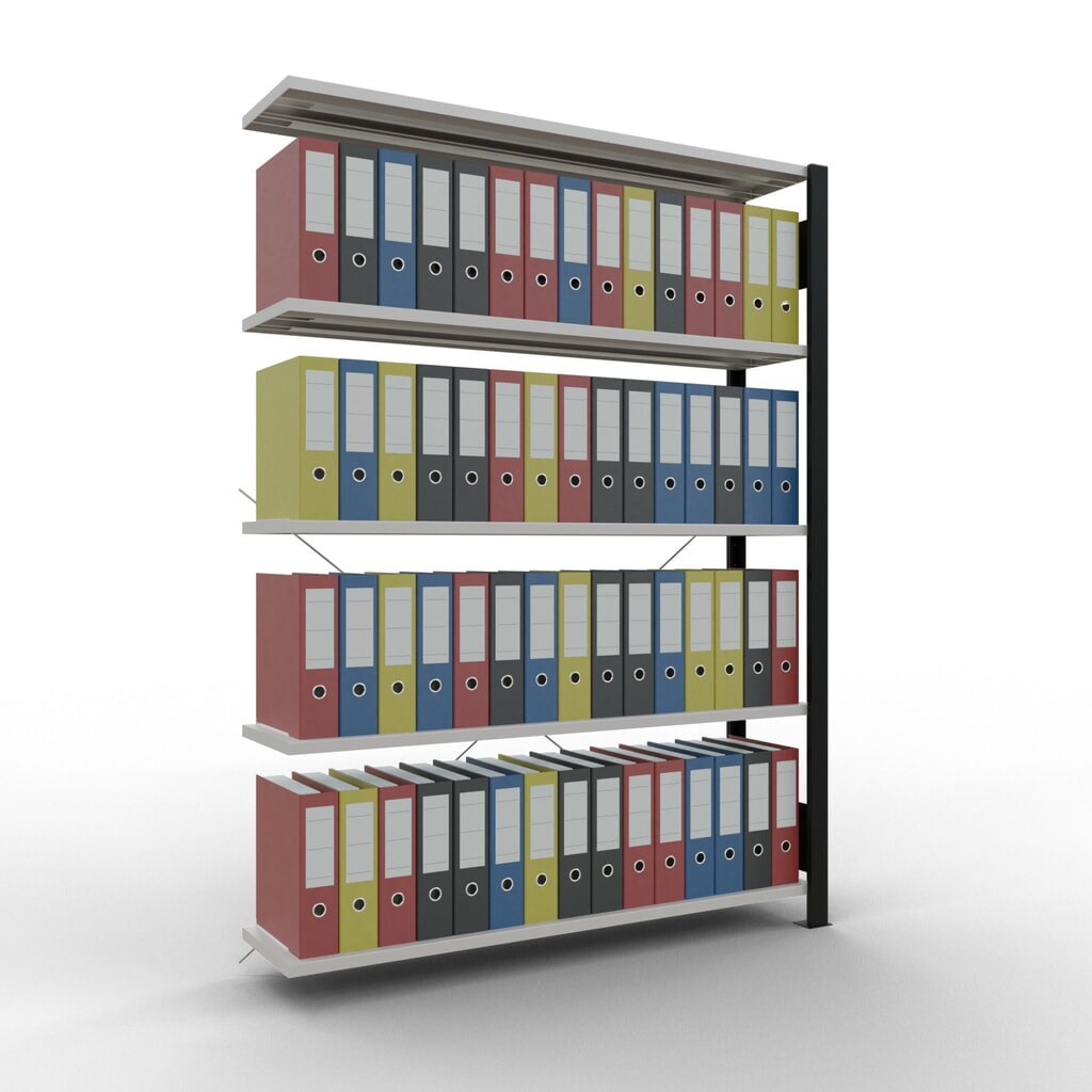 N° de l'image du produit 2 : Rayonnage de bureau SCHULTE travée auxiliaire, utilisable d’un seul côté, sans barres de butée, CT 85 kg, noir, HxlxP 1 800 x 1 300 x 300 mm