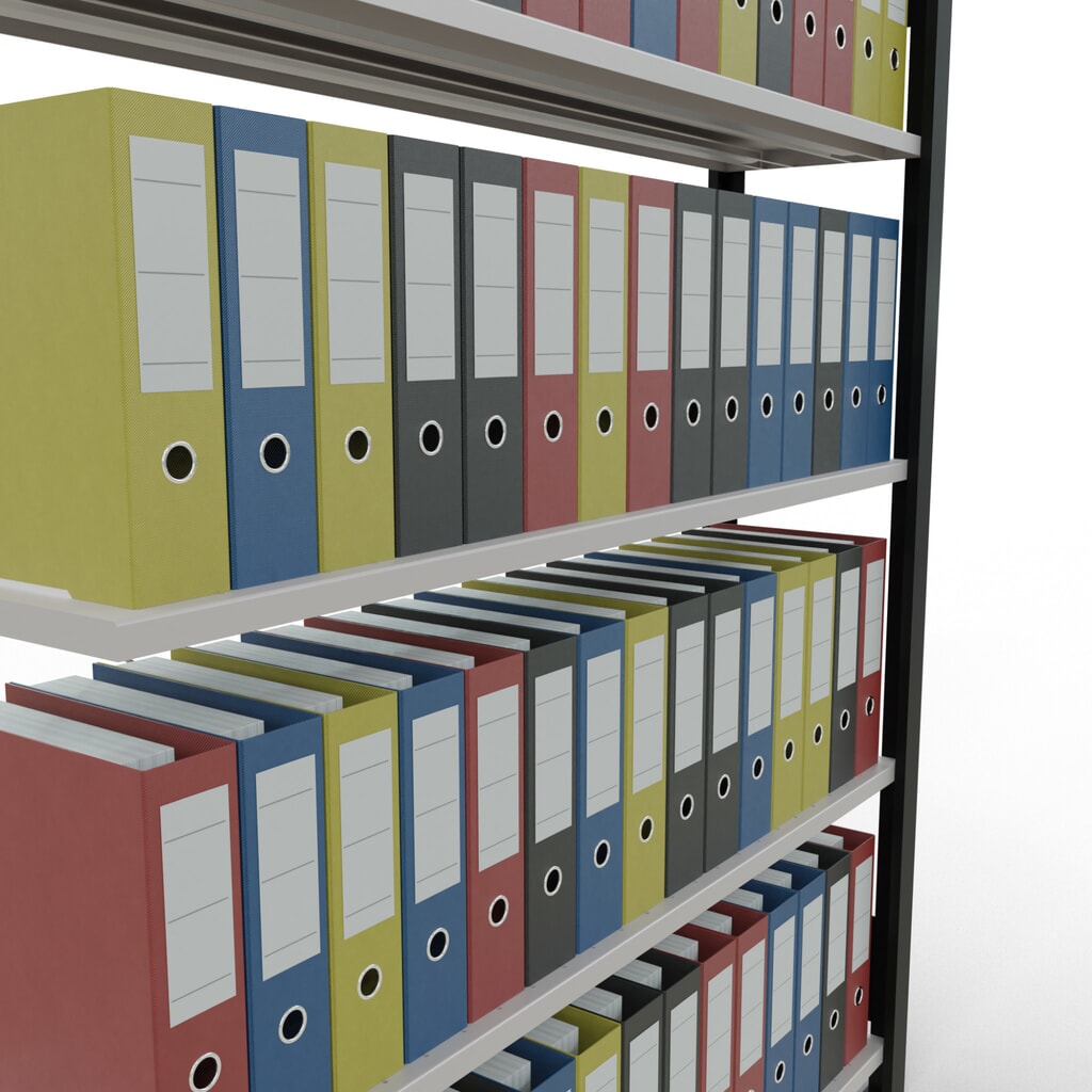 N° de l'image du produit 3 : Rayonnage de bureau SCHULTE travée auxiliaire, utilisable d’un seul côté, sans barres de butée, CT 85 kg, noir, HxlxP 1 800 x 1 300 x 300 mm