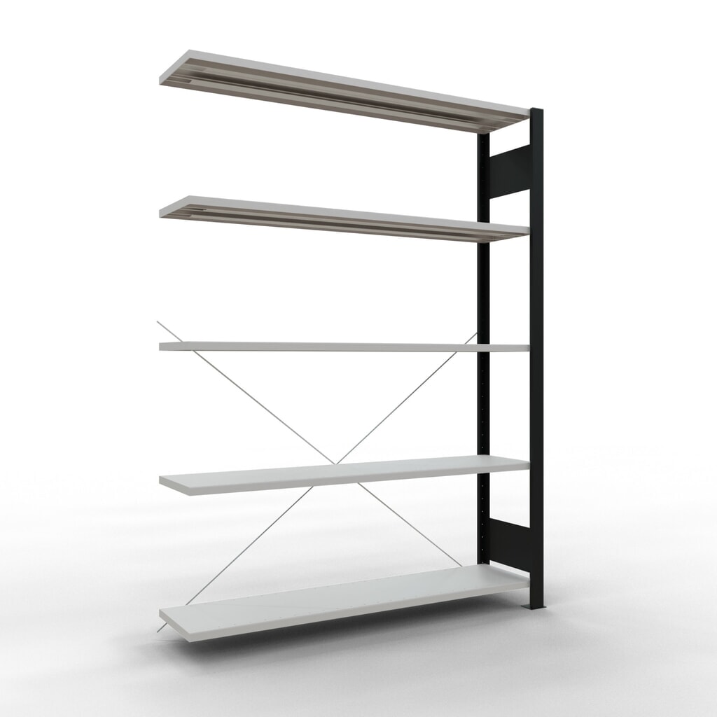 Illustration du produit: Rayonnage de bureau SCHULTE travée auxiliaire, utilisable d’un seul côté, sans barres de butée, CT 85 kg, noir, HxlxP 1 800 x 1 300 x 300 mm