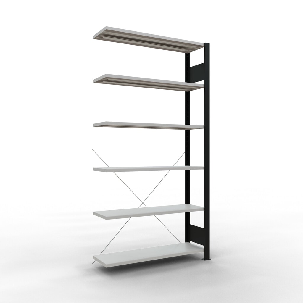 Rayonnage de bureau SCHULTE travée auxiliaire, utilisable d’un seul côté, sans barres de butée, CT 85 kg, noir, HxlxP 2 000 x 1 000 x 300 mm Illustration du produit: Rayonnage de bureau SCHULTE travée auxiliaire, utilisable d’un seul côté, sans barres de butée, CT 85 kg, noir, HxlxP 2 000 x 1 000 x 300 mm