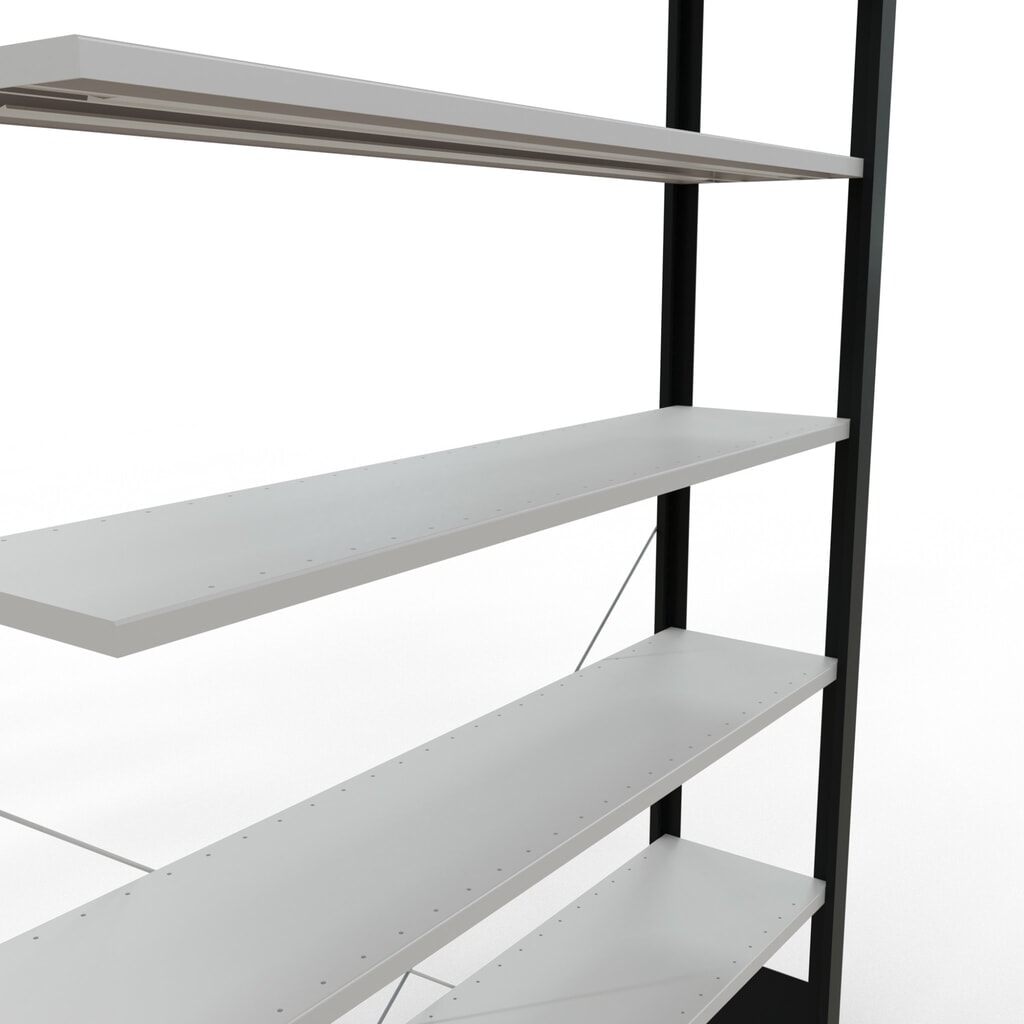 Rayonnage de bureau SCHULTE travée auxiliaire, utilisable d’un seul côté, sans barres de butée, CT 85 kg, noir, HxlxP 2 300 x 1 300 x 300 mm N° de l'image du produit 4 : Rayonnage de bureau SCHULTE travée auxiliaire, utilisable d’un seul côté, sans barres de butée, CT 85 kg, noir, HxlxP 2 300 x 1 300 x 300 mm