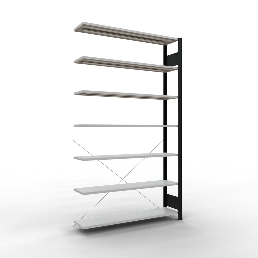 Rayonnage de bureau SCHULTE travée auxiliaire, utilisable d’un seul côté, sans barres de butée, CT 85 kg, noir, HxlxP 2 300 x 1 300 x 300 mm Illustration du produit: Rayonnage de bureau SCHULTE travée auxiliaire, utilisable d’un seul côté, sans barres de butée, CT 85 kg, noir, HxlxP 2 300 x 1 300 x 300 mm