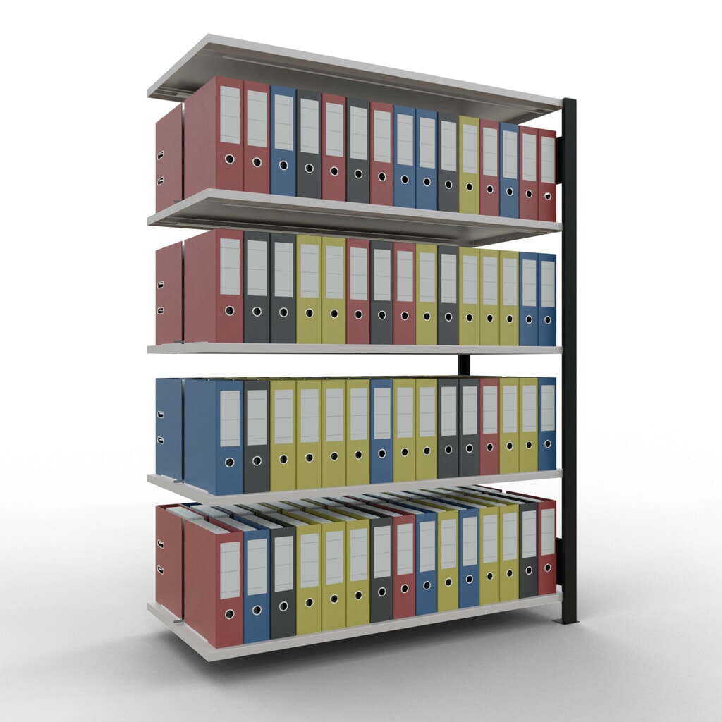 Rayonnage de bureau SCHULTE travée auxiliaire, utilisable des deux cotés, avec butées centrales, CT 150 kg, noir, HxlxP 1 800 x 1 300 x 600 mm N° de l'image du produit 2 : Rayonnage de bureau SCHULTE travée auxiliaire, utilisable des deux cotés, avec butées centrales, CT 150 kg, noir, HxlxP 1 800 x 1 300 x 600 mm