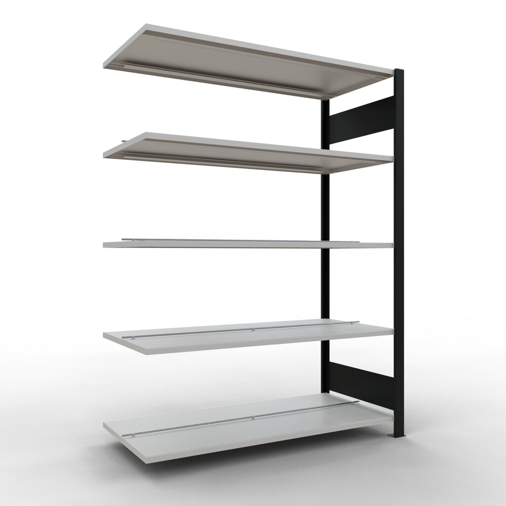 Rayonnage de bureau SCHULTE travée auxiliaire, utilisable des deux cotés, avec butées centrales, CT 150 kg, noir, HxlxP 1 800 x 1 300 x 600 mm Illustration du produit: Rayonnage de bureau SCHULTE travée auxiliaire, utilisable des deux cotés, avec butées centrales, CT 150 kg, noir, HxlxP 1 800 x 1 300 x 600 mm