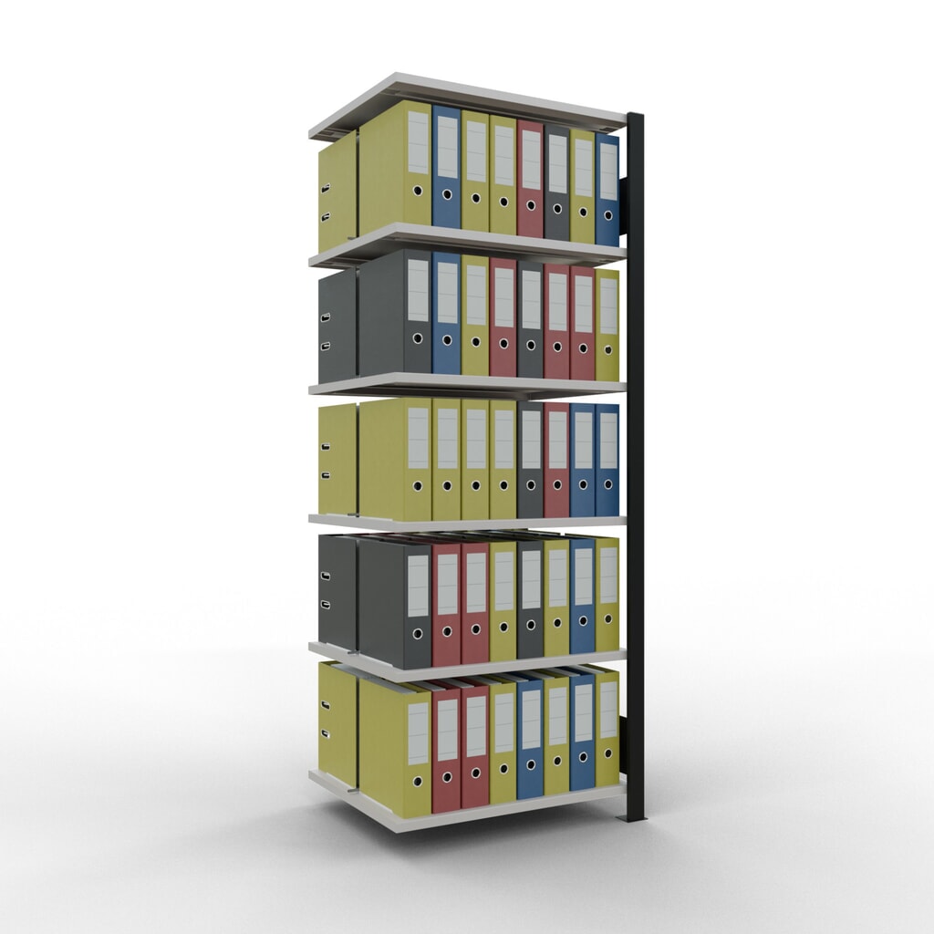 Rayonnage de bureau SCHULTE travée auxiliaire, utilisable des deux côtés, avec butées centrales, CT 150 kg, noir, HxlxP 2 000 x 750 x 600 mm N° de l'image du produit 2 : Rayonnage de bureau SCHULTE travée auxiliaire, utilisable des deux côtés, avec butées centrales, CT 150 kg, noir, HxlxP 2 000 x 750 x 600 mm