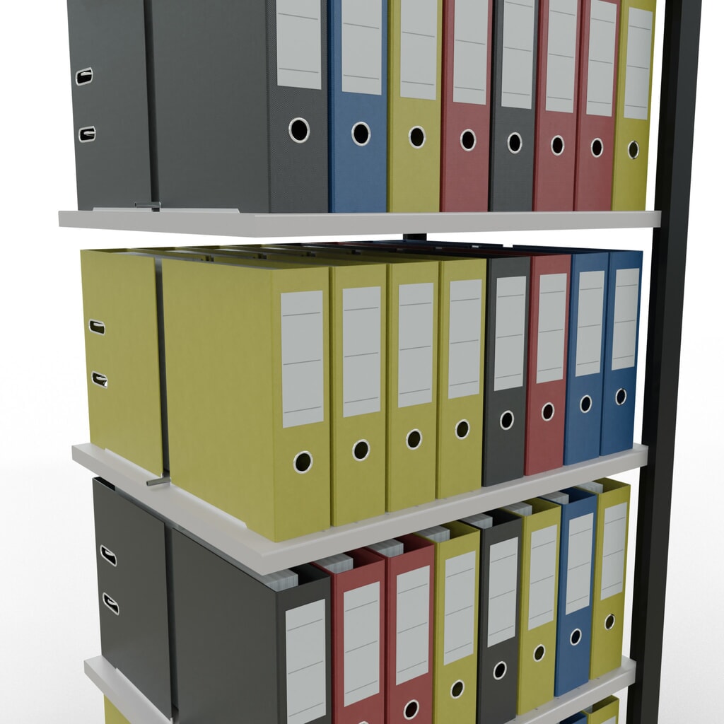 Rayonnage de bureau SCHULTE travée auxiliaire, utilisable des deux côtés, avec butées centrales, CT 150 kg, noir, HxlxP 2 000 x 750 x 600 mm N° de l'image du produit 3 : Rayonnage de bureau SCHULTE travée auxiliaire, utilisable des deux côtés, avec butées centrales, CT 150 kg, noir, HxlxP 2 000 x 750 x 600 mm