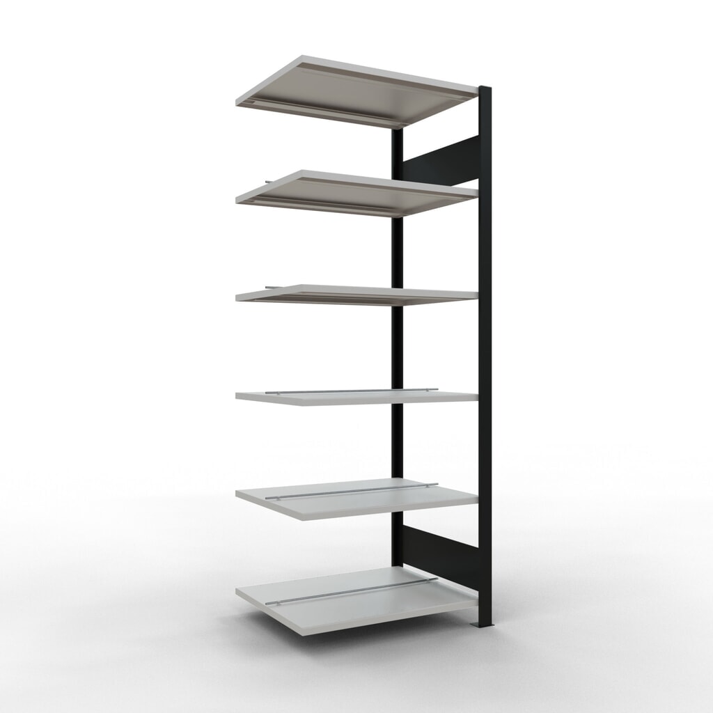 Illustration du produit: Rayonnage de bureau SCHULTE travée auxiliaire, utilisable des deux côtés, avec butées centrales, CT 150 kg, noir, HxlxP 2 000 x 750 x 600 mm