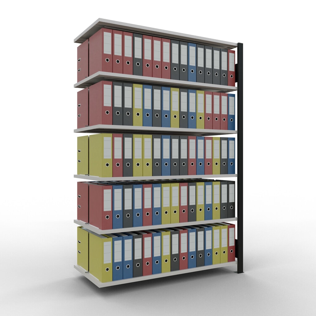 Rayonnage de bureau SCHULTE travée auxiliaire, utilisable des deux côtés, avec butées centrales, CT 150 kg, noir, HxlxP 2 000 x 1 300 x 600 mm N° de l'image du produit 2 : Rayonnage de bureau SCHULTE travée auxiliaire, utilisable des deux côtés, avec butées centrales, CT 150 kg, noir, HxlxP 2 000 x 1 300 x 600 mm