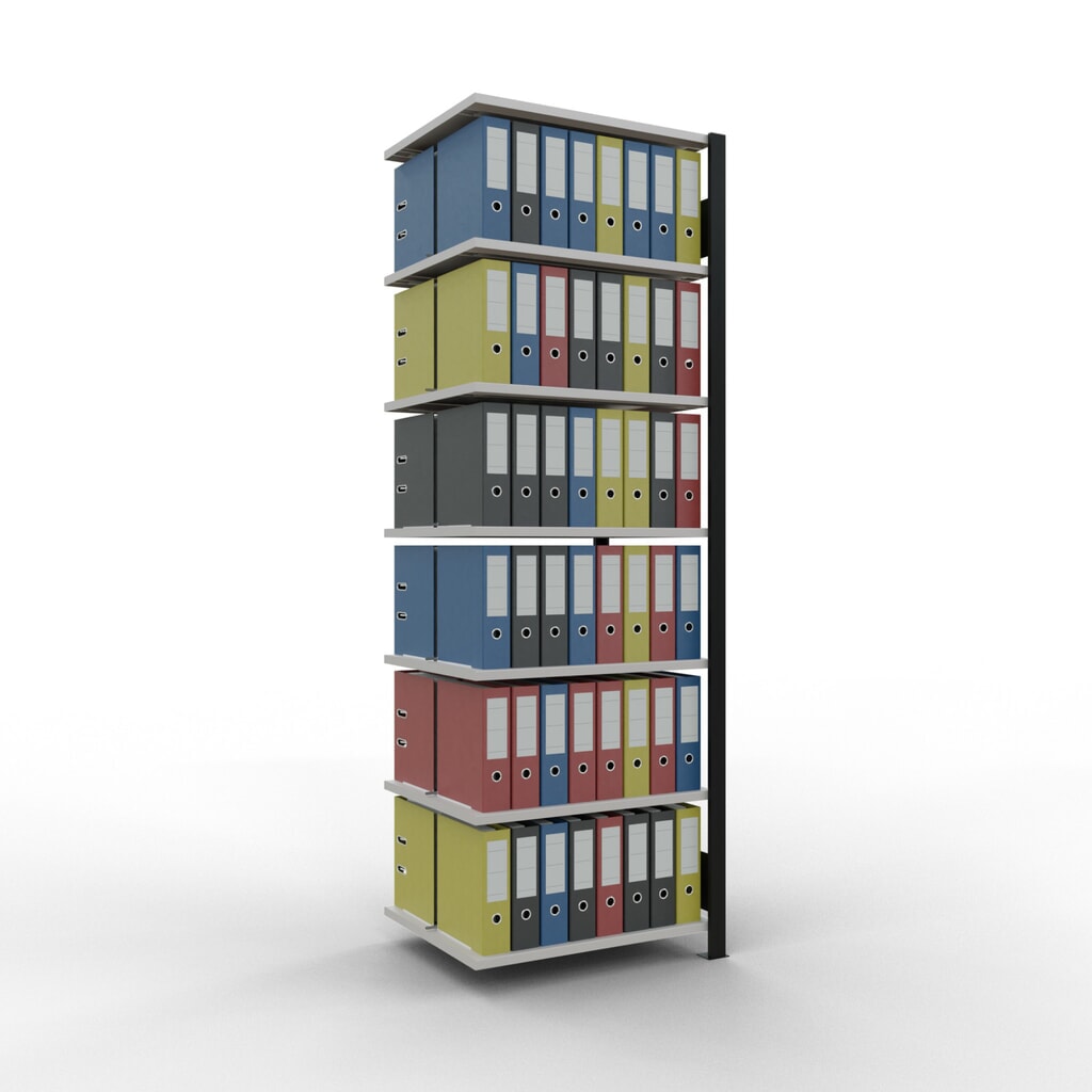 Rayonnage de bureau SCHULTE travée auxiliaire, utilisable des deux côtés, avec butées centrales, CT 150 kg, noir, HxlxP 2 300 x 750 x 600 mm N° de l'image du produit 2 : Rayonnage de bureau SCHULTE travée auxiliaire, utilisable des deux côtés, avec butées centrales, CT 150 kg, noir, HxlxP 2 300 x 750 x 600 mm