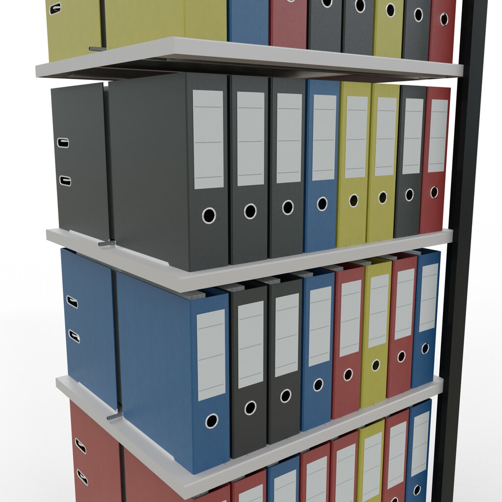 N° de l'image du produit 3 : Rayonnage de bureau SCHULTE travée auxiliaire, utilisable des deux côtés, avec butées centrales, CT 150 kg, noir, HxlxP 2 300 x 750 x 600 mm