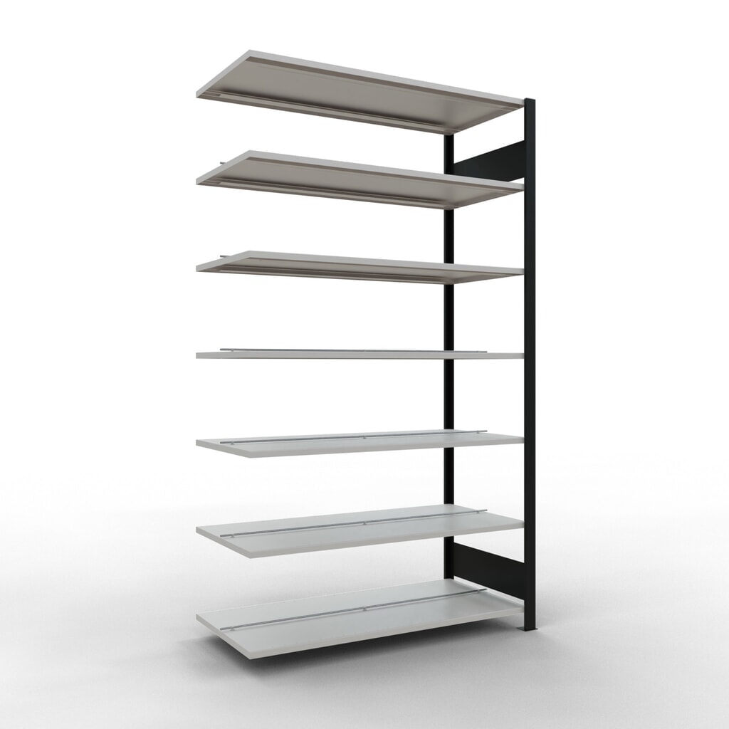 Rayonnage de bureau SCHULTE travée auxiliaire, utilisable des deux côtés, avec butées centrales, CT 150 kg, noir, HxlxP 2 300 x 1 300 x 600 mm Illustration du produit: Rayonnage de bureau SCHULTE travée auxiliaire, utilisable des deux côtés, avec butées centrales, CT 150 kg, noir, HxlxP 2 300 x 1 300 x 600 mm