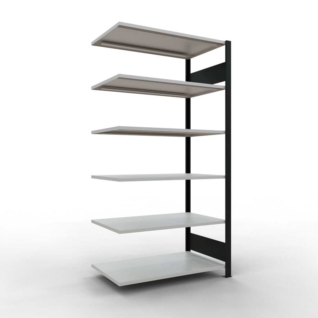 Rayonnage de bureau SCHULTE travée auxiliaire, utilisable des deux côtés, sans butées centrales, CT 150 kg, noir, HxlxP 2 000 x 1 000 x 600 mm Illustration du produit: Rayonnage de bureau SCHULTE travée auxiliaire, utilisable des deux côtés, sans butées centrales, CT 150 kg, noir, HxlxP 2 000 x 1 000 x 600 mm
