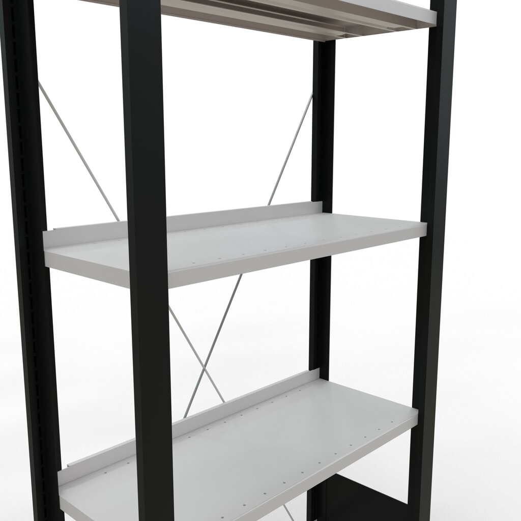 Rayonnage de bureau SCHULTE travée de base, utilisable d’un seul côté, avec barres de butée, CT 85 kg, noir, HxlxP 1 800 x 750 x 300 mm N° de l'image du produit 4 : Rayonnage de bureau SCHULTE travée de base, utilisable d’un seul côté, avec barres de butée, CT 85 kg, noir, HxlxP 1 800 x 750 x 300 mm