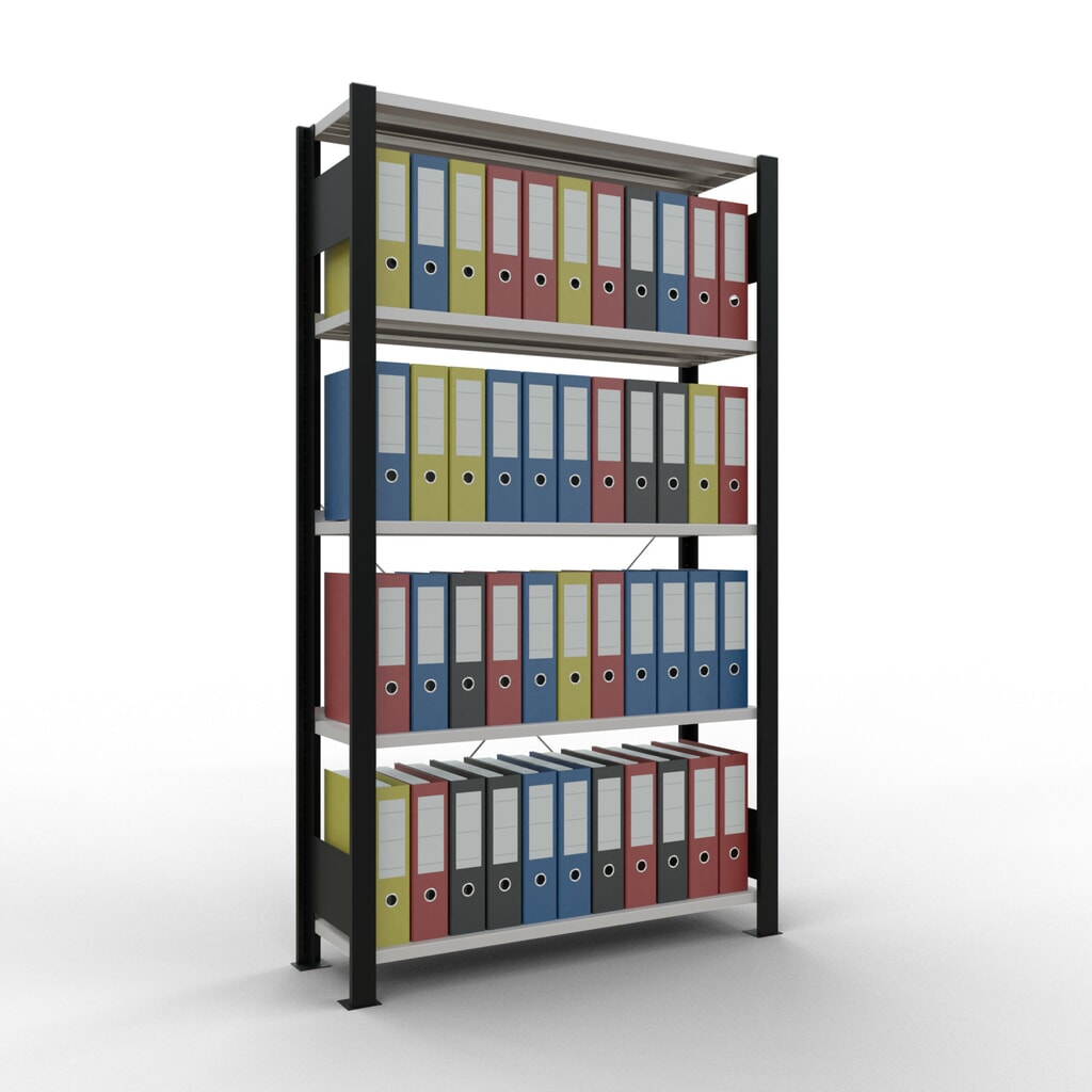 Rayonnage de bureau SCHULTE travée de base, utilisable d’un seul côté, avec barres de butée, CT 85 kg, noir, HxlxP 1 800 x 1 000 x 300 mm N° de l'image du produit 2 : Rayonnage de bureau SCHULTE travée de base, utilisable d’un seul côté, avec barres de butée, CT 85 kg, noir, HxlxP 1 800 x 1 000 x 300 mm