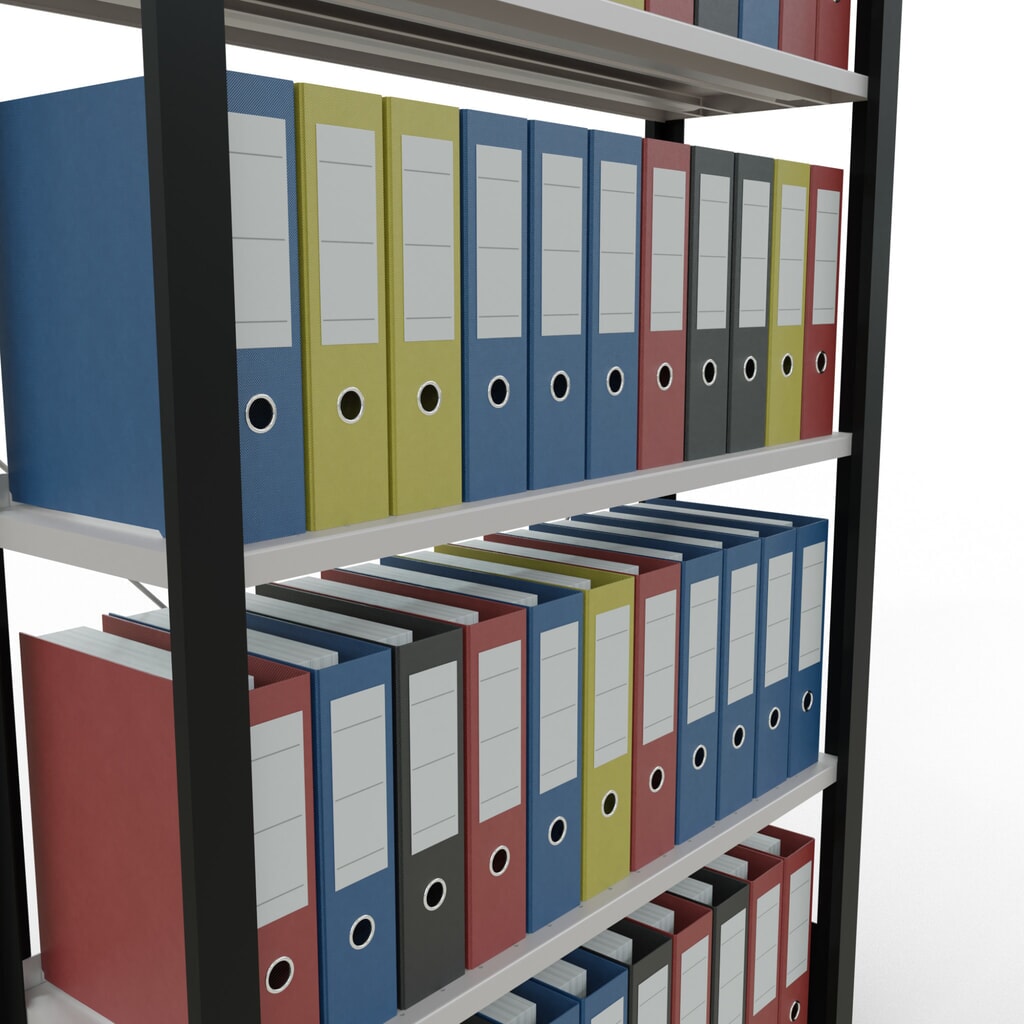 Rayonnage de bureau SCHULTE travée de base, utilisable d’un seul côté, avec barres de butée, CT 85 kg, noir, HxlxP 1 800 x 1 000 x 300 mm N° de l'image du produit 3 : Rayonnage de bureau SCHULTE travée de base, utilisable d’un seul côté, avec barres de butée, CT 85 kg, noir, HxlxP 1 800 x 1 000 x 300 mm