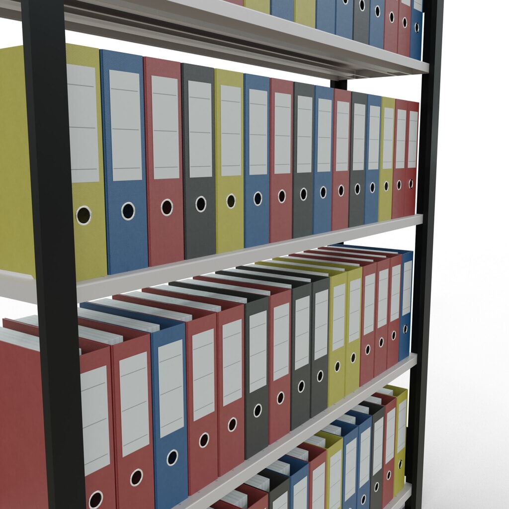 Rayonnage de bureau SCHULTE travée de base, utilisable d’un seul côté, avec barres de butée, CT 85 kg, noir, HxlxP 1 800 x 1 300 x 300 mm N° de l'image du produit 3 : Rayonnage de bureau SCHULTE travée de base, utilisable d’un seul côté, avec barres de butée, CT 85 kg, noir, HxlxP 1 800 x 1 300 x 300 mm