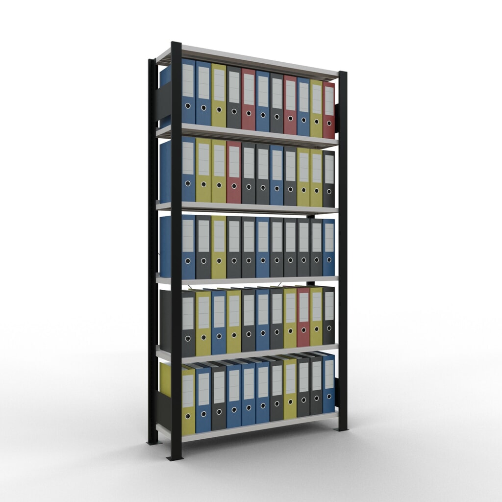 Rayonnage de bureau SCHULTE travée de base, utilisable d’un seul côté, avec barres de butée, CT 85 kg, noir, HxlxP 2 000 x 1 000 x 300 mm N° de l'image du produit 2 : Rayonnage de bureau SCHULTE travée de base, utilisable d’un seul côté, avec barres de butée, CT 85 kg, noir, HxlxP 2 000 x 1 000 x 300 mm