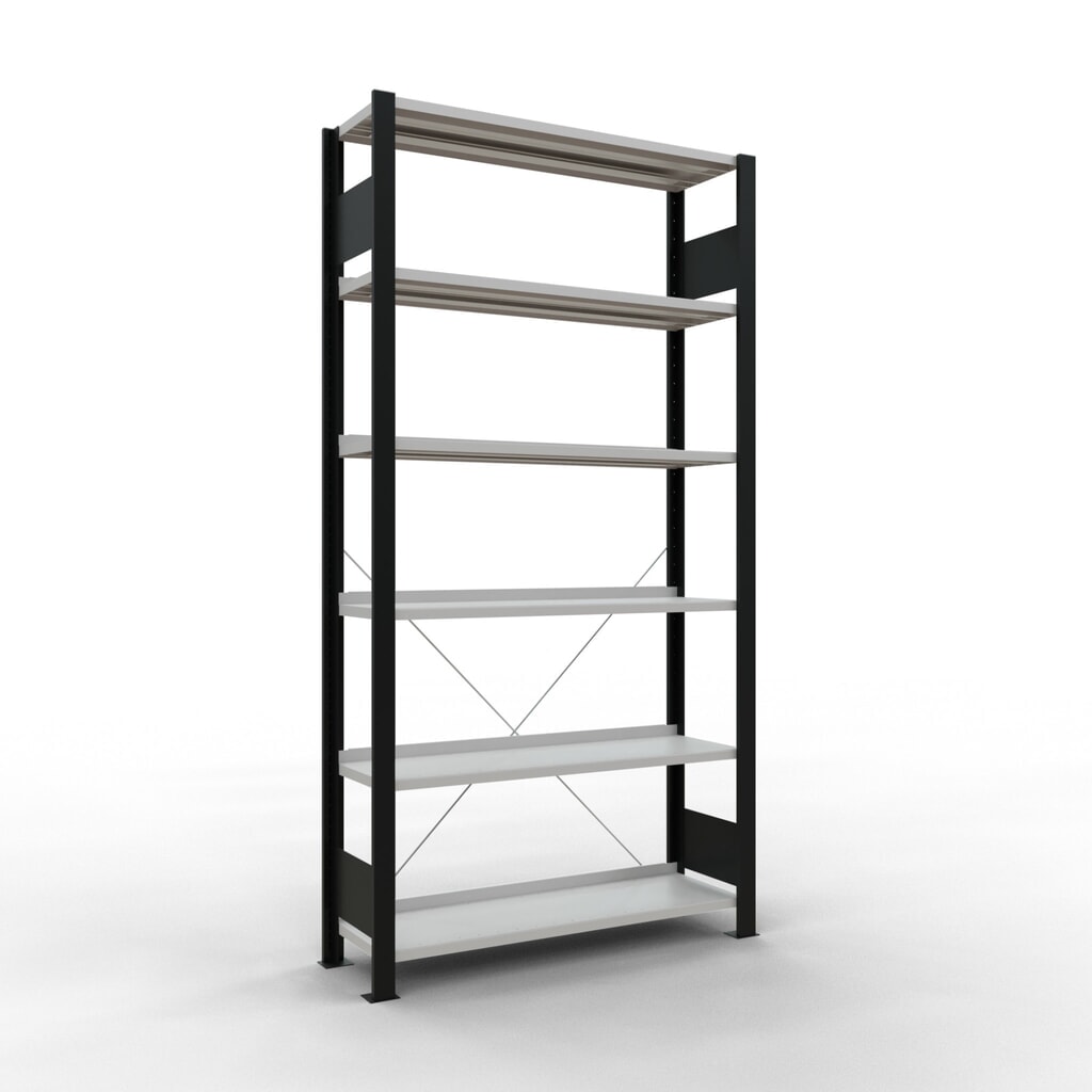 Rayonnage de bureau SCHULTE travée de base, utilisable d’un seul côté, avec barres de butée, CT 85 kg, noir, HxlxP 2 000 x 1 000 x 300 mm Illustration du produit: Rayonnage de bureau SCHULTE travée de base, utilisable d’un seul côté, avec barres de butée, CT 85 kg, noir, HxlxP 2 000 x 1 000 x 300 mm