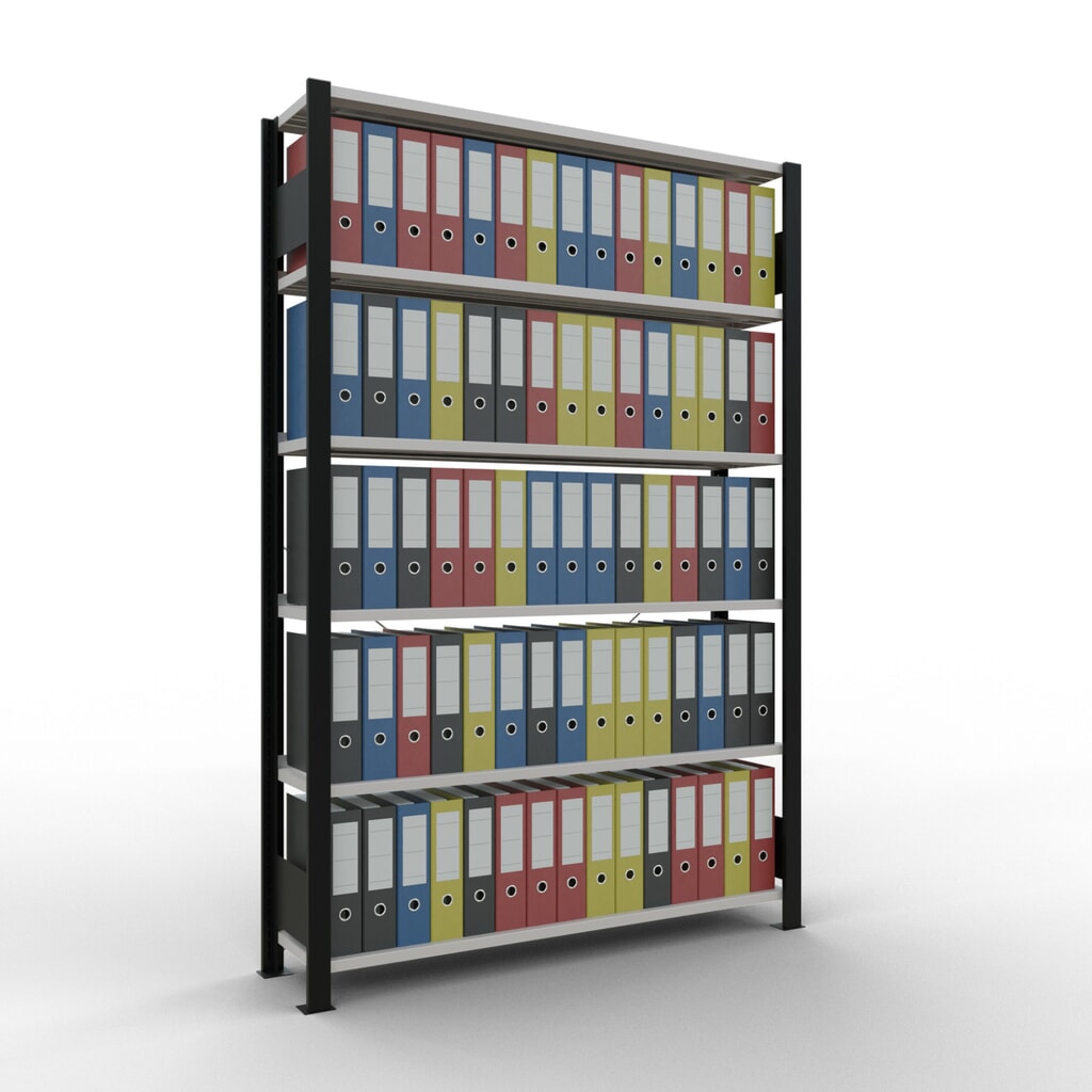 N° de l'image du produit 2 : Rayonnage de bureau SCHULTE travée de base, utilisable d’un seul côté, avec barres de butée, CT 85 kg, noir, HxlxP 2 000 x 1 300 x 300 mm