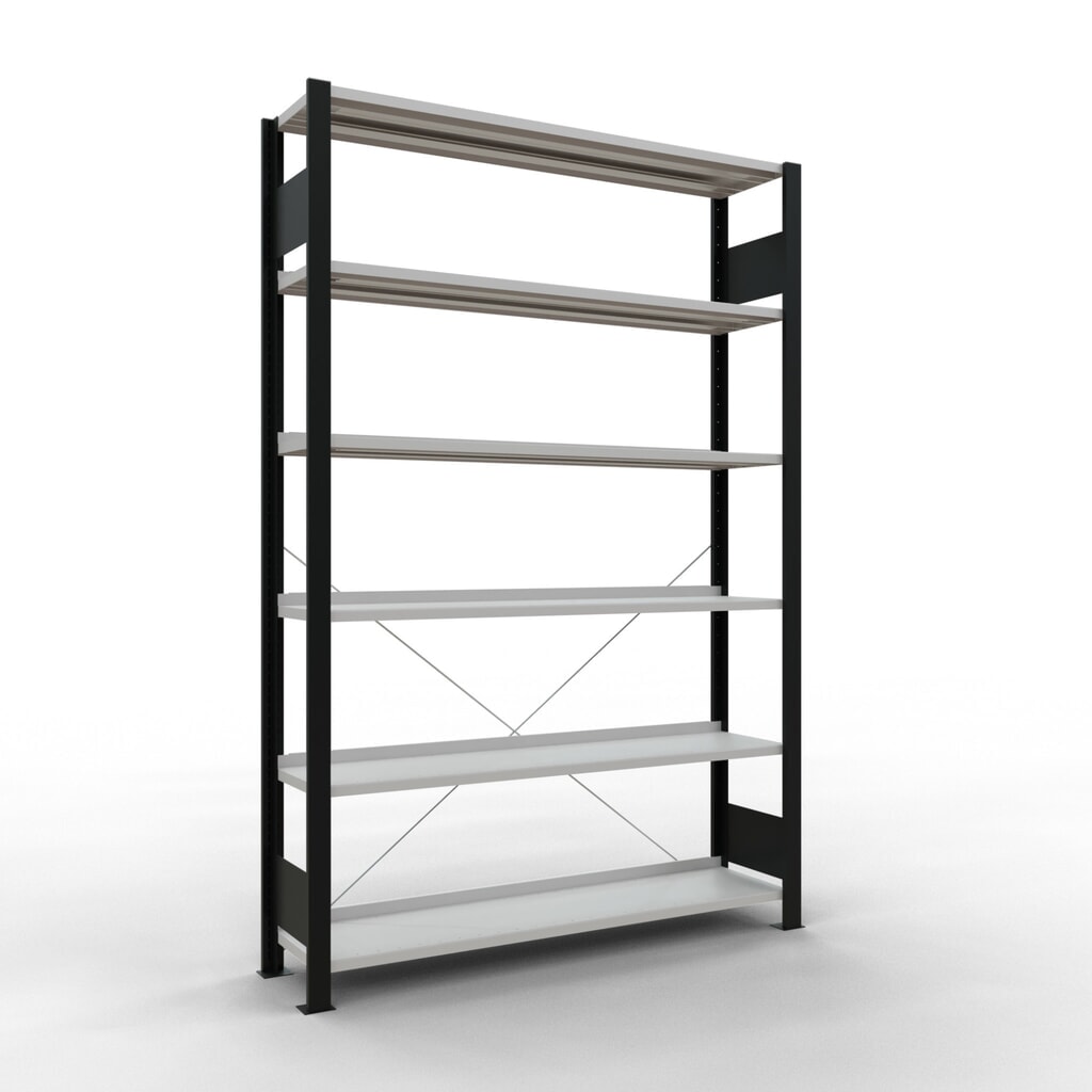 Rayonnage de bureau SCHULTE travée de base, utilisable d’un seul côté, avec barres de butée, CT 85 kg, noir, HxlxP 2 000 x 1 300 x 300 mm Illustration du produit: Rayonnage de bureau SCHULTE travée de base, utilisable d’un seul côté, avec barres de butée, CT 85 kg, noir, HxlxP 2 000 x 1 300 x 300 mm