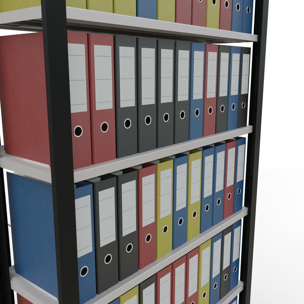 Rayonnage de bureau SCHULTE travée de base, utilisable d’un seul côté, avec barres de butée, CT 85 kg, noir, HxlxP 2 300 x 1 000 x 300 mm N° de l'image du produit 3 : Rayonnage de bureau SCHULTE travée de base, utilisable d’un seul côté, avec barres de butée, CT 85 kg, noir, HxlxP 2 300 x 1 000 x 300 mm