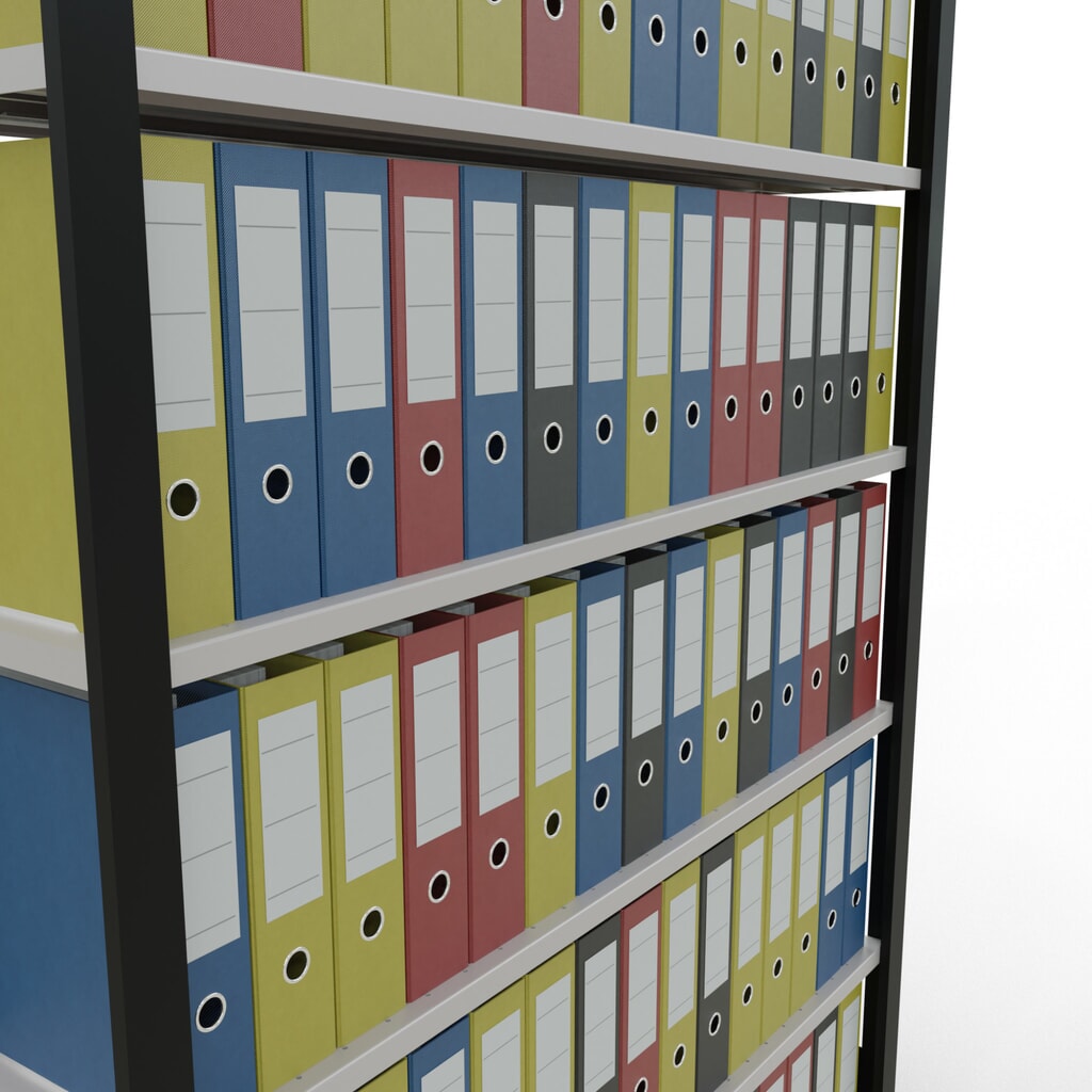Rayonnage de bureau SCHULTE travée de base, utilisable d’un seul côté, avec barres de butée, CT 85 kg, noir, HxlxP 2 300 x 1 300 x 300 mm N° de l'image du produit 3 : Rayonnage de bureau SCHULTE travée de base, utilisable d’un seul côté, avec barres de butée, CT 85 kg, noir, HxlxP 2 300 x 1 300 x 300 mm