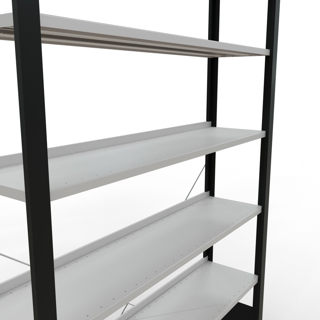 Rayonnage de bureau SCHULTE travée de base, utilisable d’un seul côté, avec barres de butée, CT 85 kg, noir, HxlxP 2 300 x 1 300 x 300 mm N° de l'image du produit 4 : Rayonnage de bureau SCHULTE travée de base, utilisable d’un seul côté, avec barres de butée, CT 85 kg, noir, HxlxP 2 300 x 1 300 x 300 mm