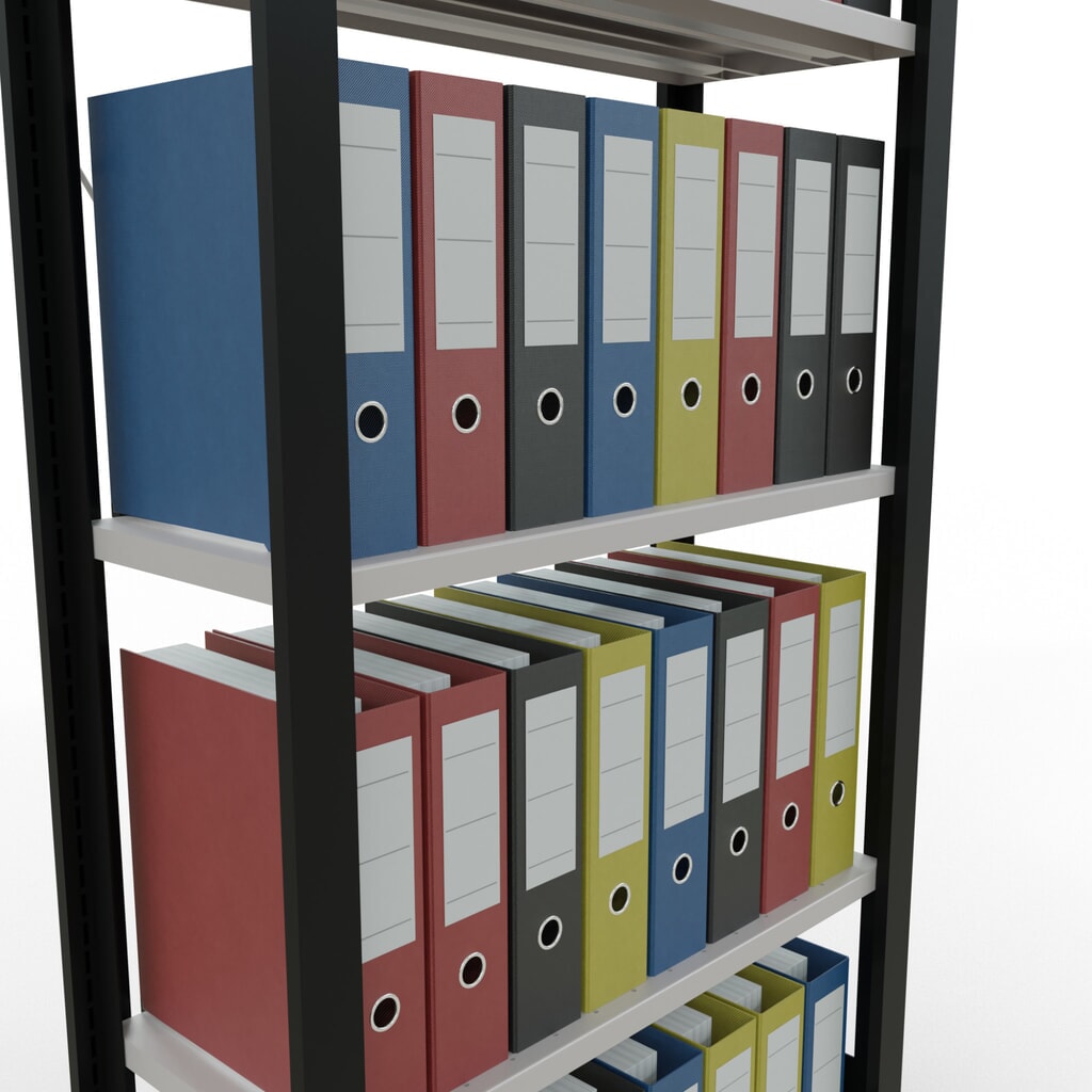 N° de l'image du produit 3 : Rayonnage de bureau SCHULTE travée de base, utilisable d’un seul côté, sans barres de butée, CT 85 kg, noir, HxlxP 1 800 x 750 x 300 mm