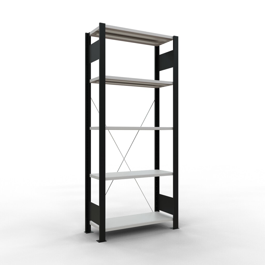 Rayonnage de bureau SCHULTE travée de base, utilisable d’un seul côté, sans barres de butée, CT 85 kg, noir, HxlxP 1 800 x 750 x 300 mm Illustration du produit: Rayonnage de bureau SCHULTE travée de base, utilisable d’un seul côté, sans barres de butée, CT 85 kg, noir, HxlxP 1 800 x 750 x 300 mm