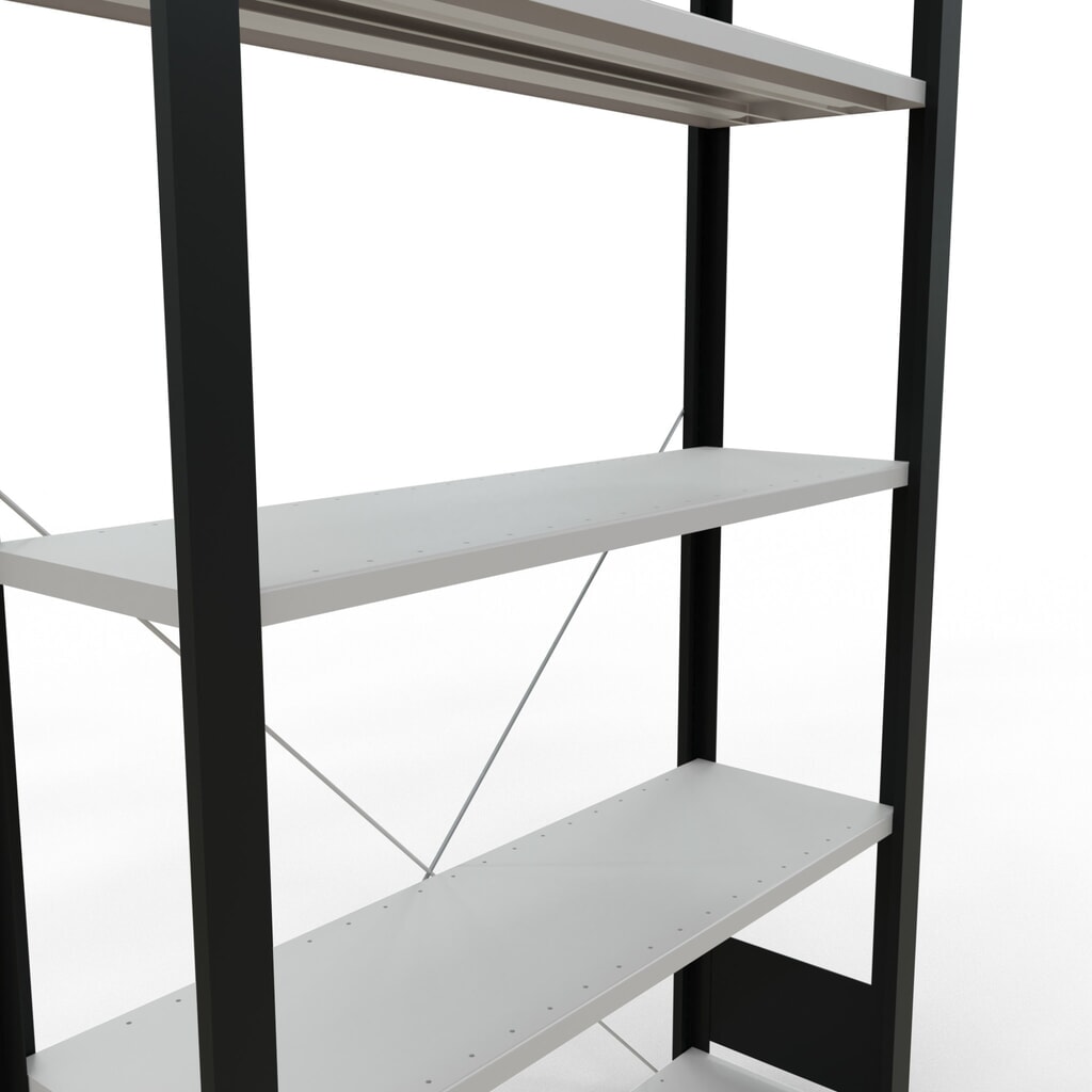 Rayonnage de bureau SCHULTE travée de base, utilisable d’un seul côté, sans barres de butée, CT 85 kg, noir, HxlxP 1 800 x 1 000 x 300 mm N° de l'image du produit 4 : Rayonnage de bureau SCHULTE travée de base, utilisable d’un seul côté, sans barres de butée, CT 85 kg, noir, HxlxP 1 800 x 1 000 x 300 mm