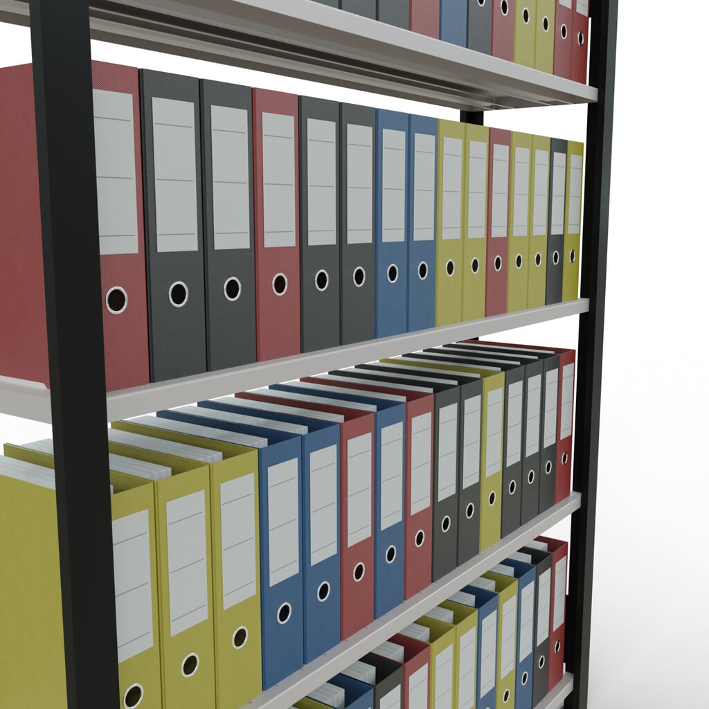 N° de l'image du produit 3 : Rayonnage de bureau SCHULTE travée de base, utilisable d’un seul côté, sans barres de butée, CT 85 kg, noir, HxlxP 1 .800 x 1 300 x 300 mm