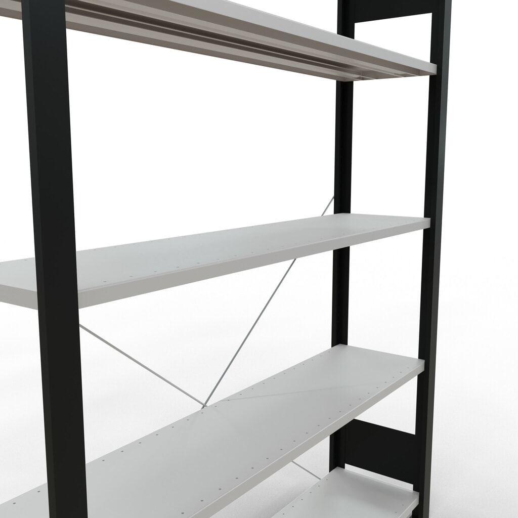 Rayonnage de bureau SCHULTE travée de base, utilisable d’un seul côté, sans barres de butée, CT 85 kg, noir, HxlxP 1 .800 x 1 300 x 300 mm N° de l'image du produit 4 : Rayonnage de bureau SCHULTE travée de base, utilisable d’un seul côté, sans barres de butée, CT 85 kg, noir, HxlxP 1 .800 x 1 300 x 300 mm