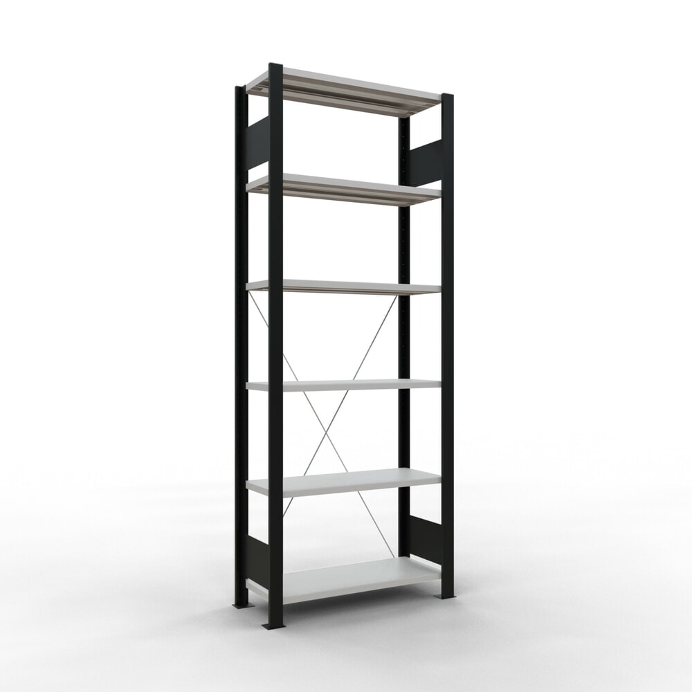 Illustration du produit: Rayonnage de bureau SCHULTE travée de base, utilisable d’un seul côté, sans barres de butée, CT 85 kg, noir, HxlxP 2 000 x 750 x 300 mm