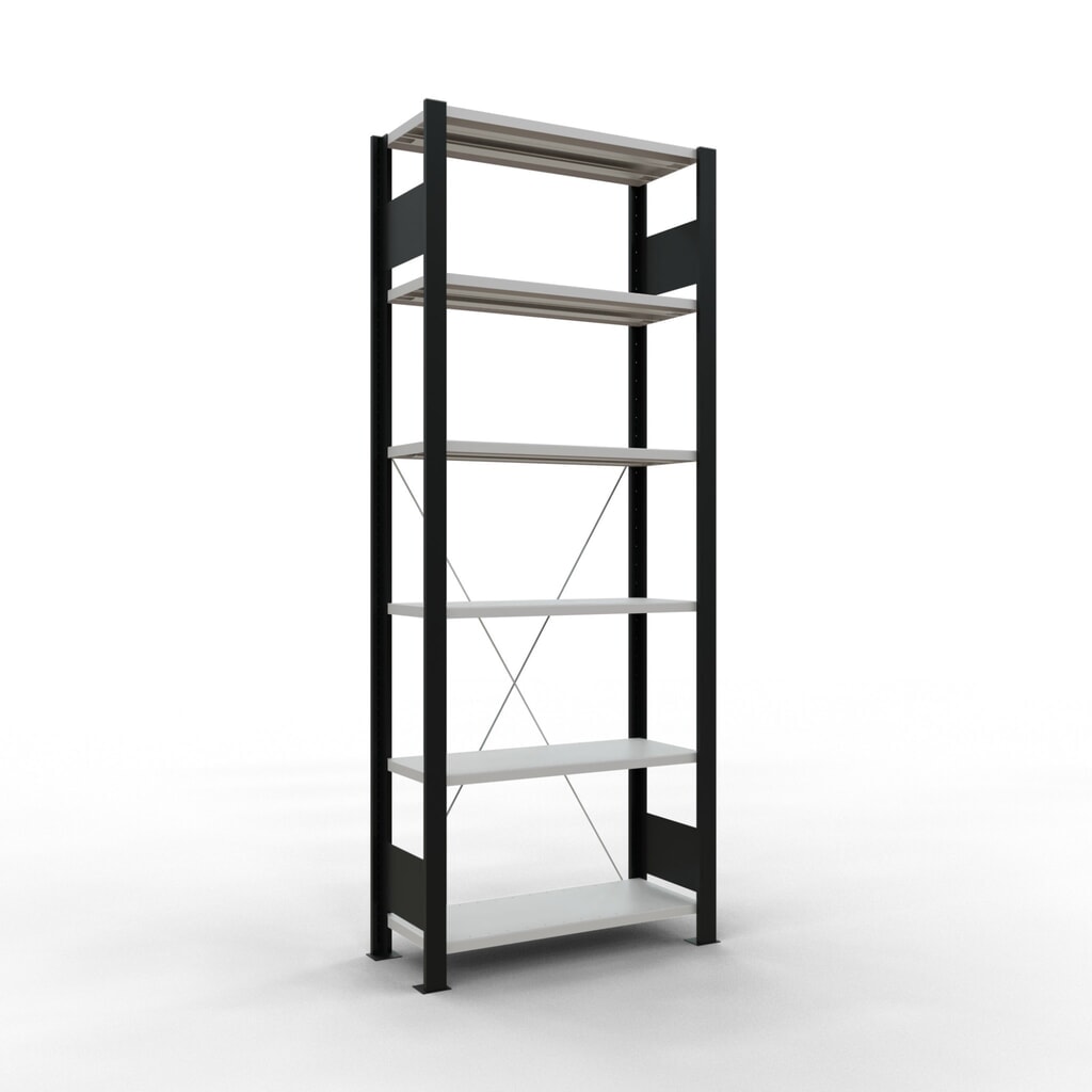 Rayonnage de bureau SCHULTE travée de base, utilisable d’un seul côté, sans barres de butée, CT 85 kg, noir, HxlxP 2 000 x 750 x 300 mm Illustration du produit: Rayonnage de bureau SCHULTE travée de base, utilisable d’un seul côté, sans barres de butée, CT 85 kg, noir, HxlxP 2 000 x 750 x 300 mm