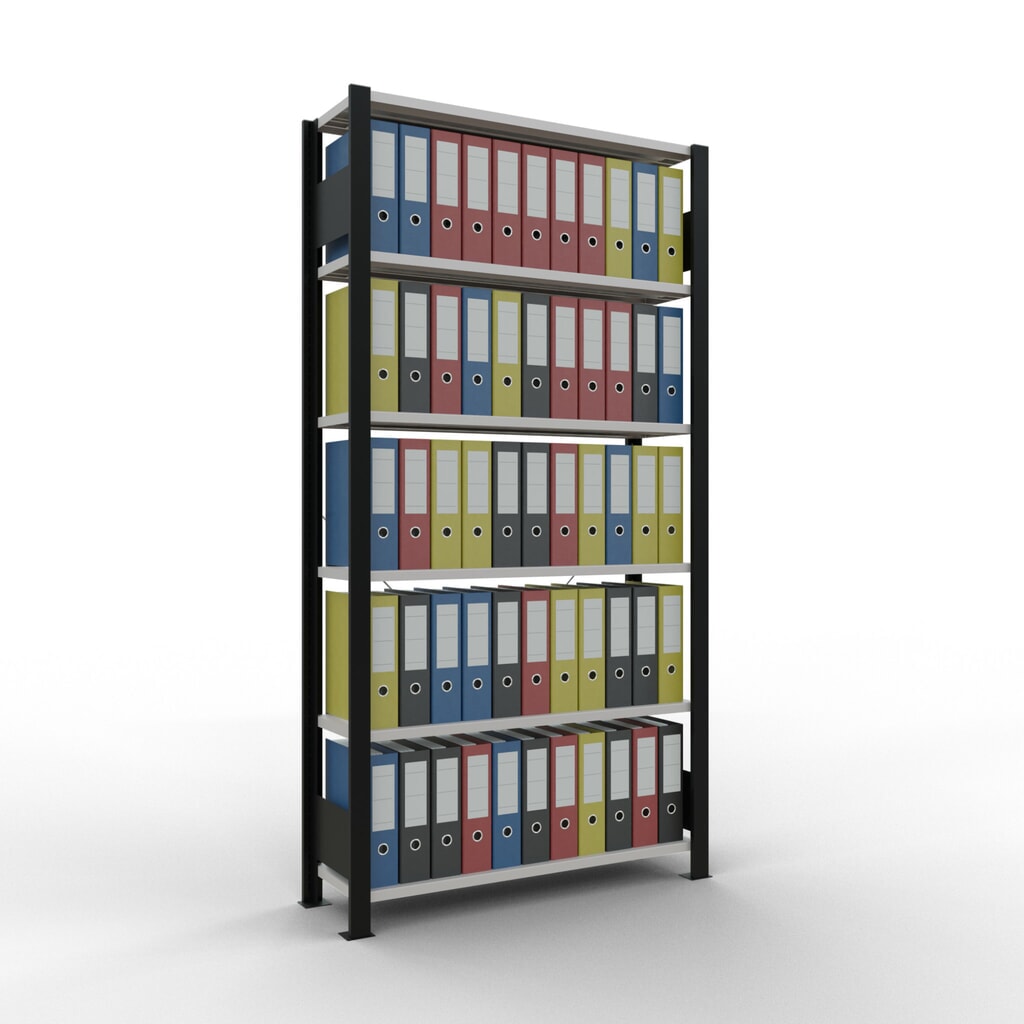 Rayonnage de bureau SCHULTE travée de base, utilisable d’un seul côté, sans barres de butée, CT 85 kg, noir, HxlxP 2 000 x 1 000 x 300 mm N° de l'image du produit 2 : Rayonnage de bureau SCHULTE travée de base, utilisable d’un seul côté, sans barres de butée, CT 85 kg, noir, HxlxP 2 000 x 1 000 x 300 mm