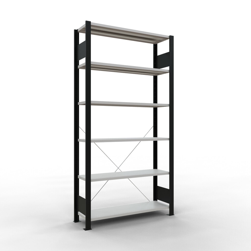 Illustration du produit: Rayonnage de bureau SCHULTE travée de base, utilisable d’un seul côté, sans barres de butée, CT 85 kg, noir, HxlxP 2 000 x 1 000 x 300 mm