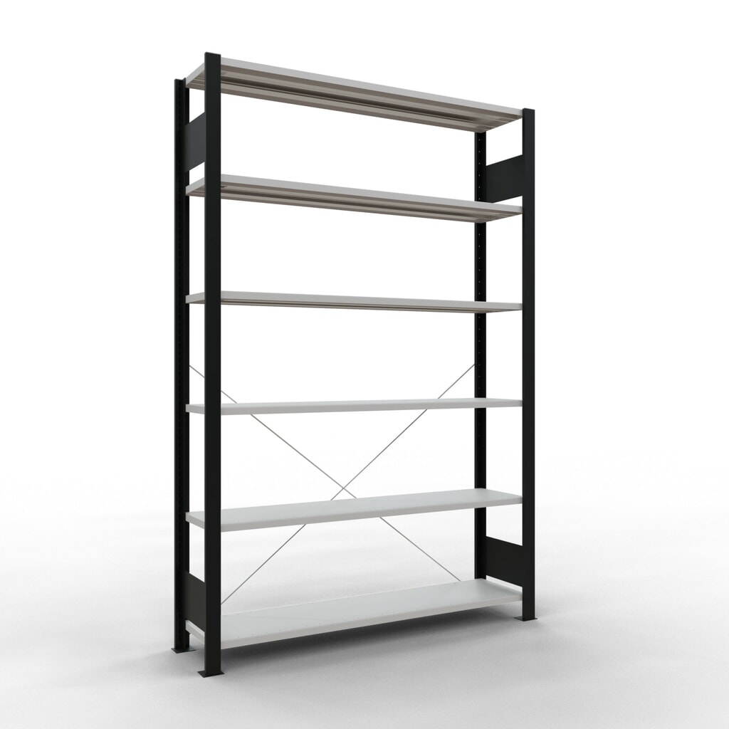 Rayonnage de bureau SCHULTE travée de base, utilisable d’un seul côté, sans barres de butée, CT 85 kg, noir, HxlxP 2 000 x 1 300 x 300 mm Illustration du produit: Rayonnage de bureau SCHULTE travée de base, utilisable d’un seul côté, sans barres de butée, CT 85 kg, noir, HxlxP 2 000 x 1 300 x 300 mm