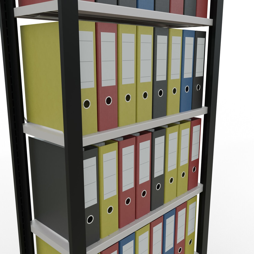 Rayonnage de bureau SCHULTE travée de base, utilisable d’un seul côté, sans barres de butée, CT 85 kg, noir, HxlxP 2 300 x 750 x 300 mm N° de l'image du produit 3 : Rayonnage de bureau SCHULTE travée de base, utilisable d’un seul côté, sans barres de butée, CT 85 kg, noir, HxlxP 2 300 x 750 x 300 mm