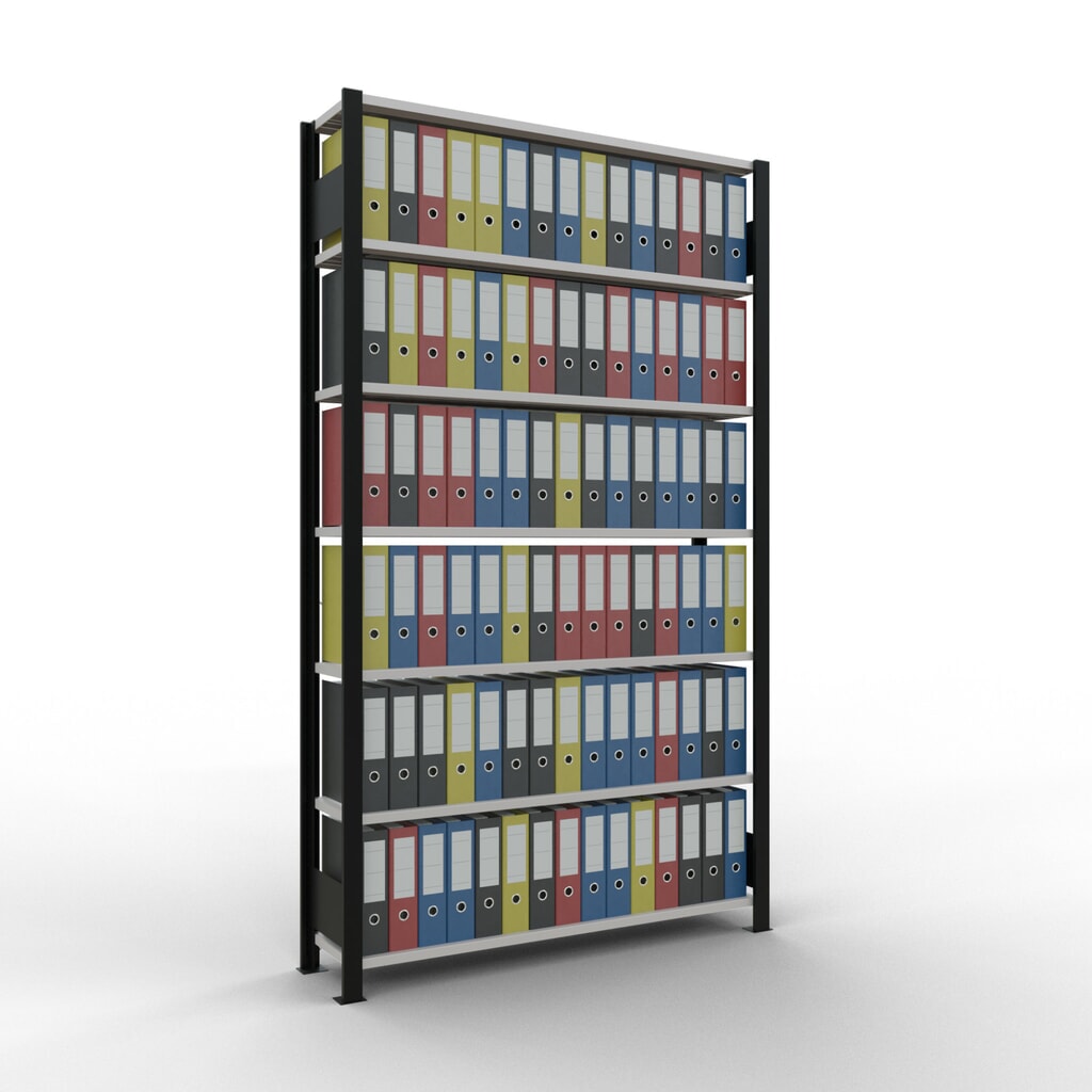 Rayonnage de bureau SCHULTE travée de base, utilisable d’un seul côté, sans barres de butée, CT 85 kg, noir, HxlxP 2 300 x 1 300 x 300 mm N° de l'image du produit 2 : Rayonnage de bureau SCHULTE travée de base, utilisable d’un seul côté, sans barres de butée, CT 85 kg, noir, HxlxP 2 300 x 1 300 x 300 mm