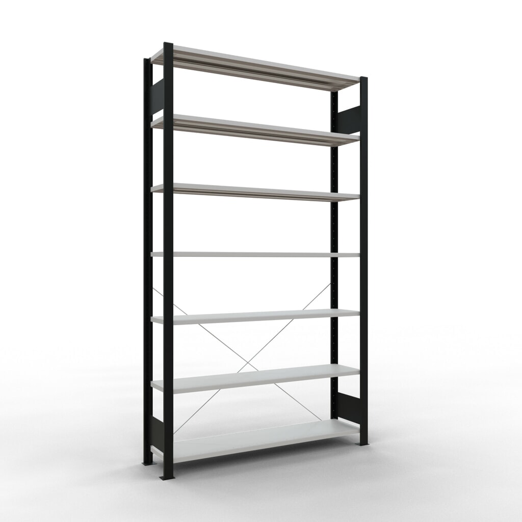 Illustration du produit: Rayonnage de bureau SCHULTE travée de base, utilisable d’un seul côté, sans barres de butée, CT 85 kg, noir, HxlxP 2 300 x 1 300 x 300 mm