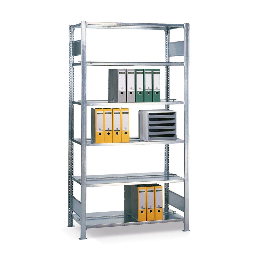 Rayonnage de bureau SCHULTE travée de base, utilisable des deux côtés, sans butées centrales, CT 150 kg, HxlxP 2 500 x 1 000 x 600 mm Illustration du produit: Rayonnage de bureau SCHULTE travée de base, utilisable des deux côtés, sans butées centrales, CT 150 kg, HxlxP 2 500 x 1 000 x 600 mm