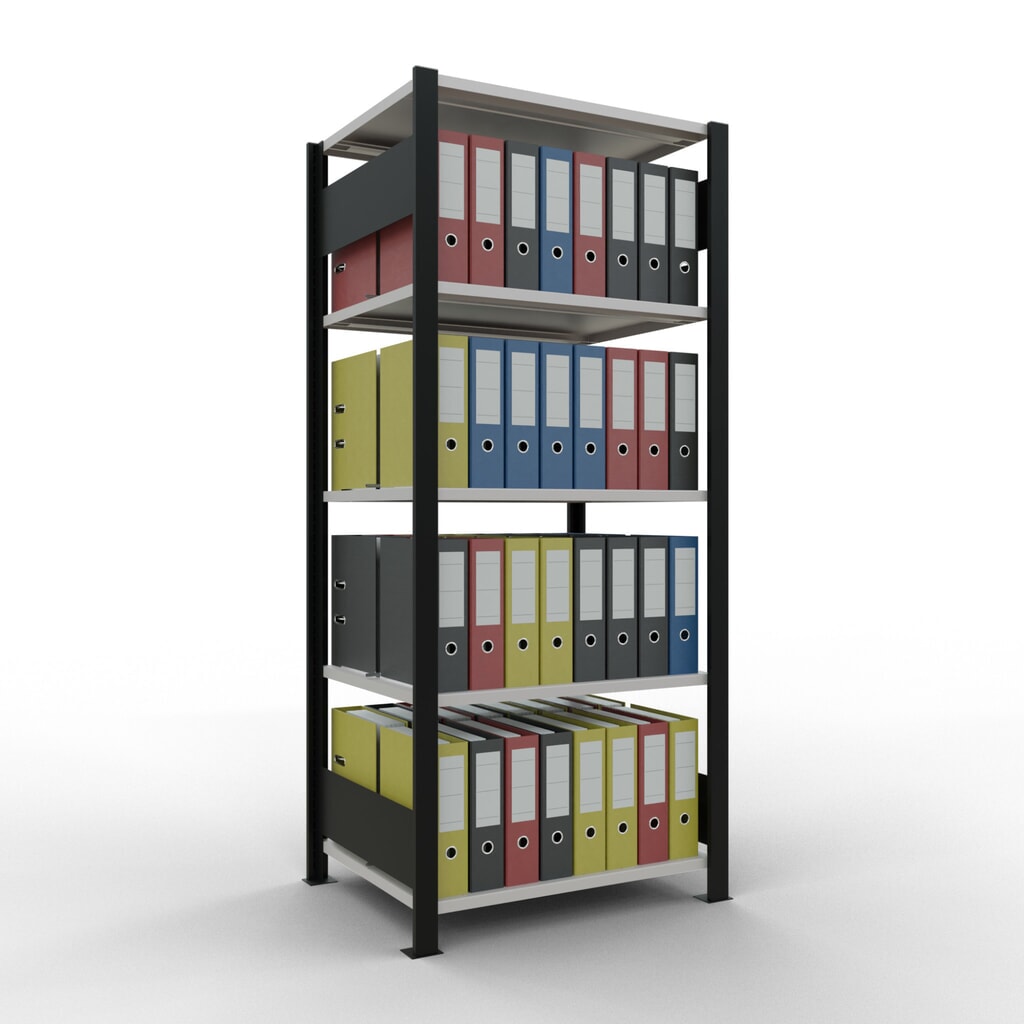 N° de l'image du produit 2 : Rayonnage de bureau SCHULTE travée de base, utilisable des deux cotés, avec butées centrales, CT 150 kg, noir, HxlxP 1 800 x 750 x 600 mm