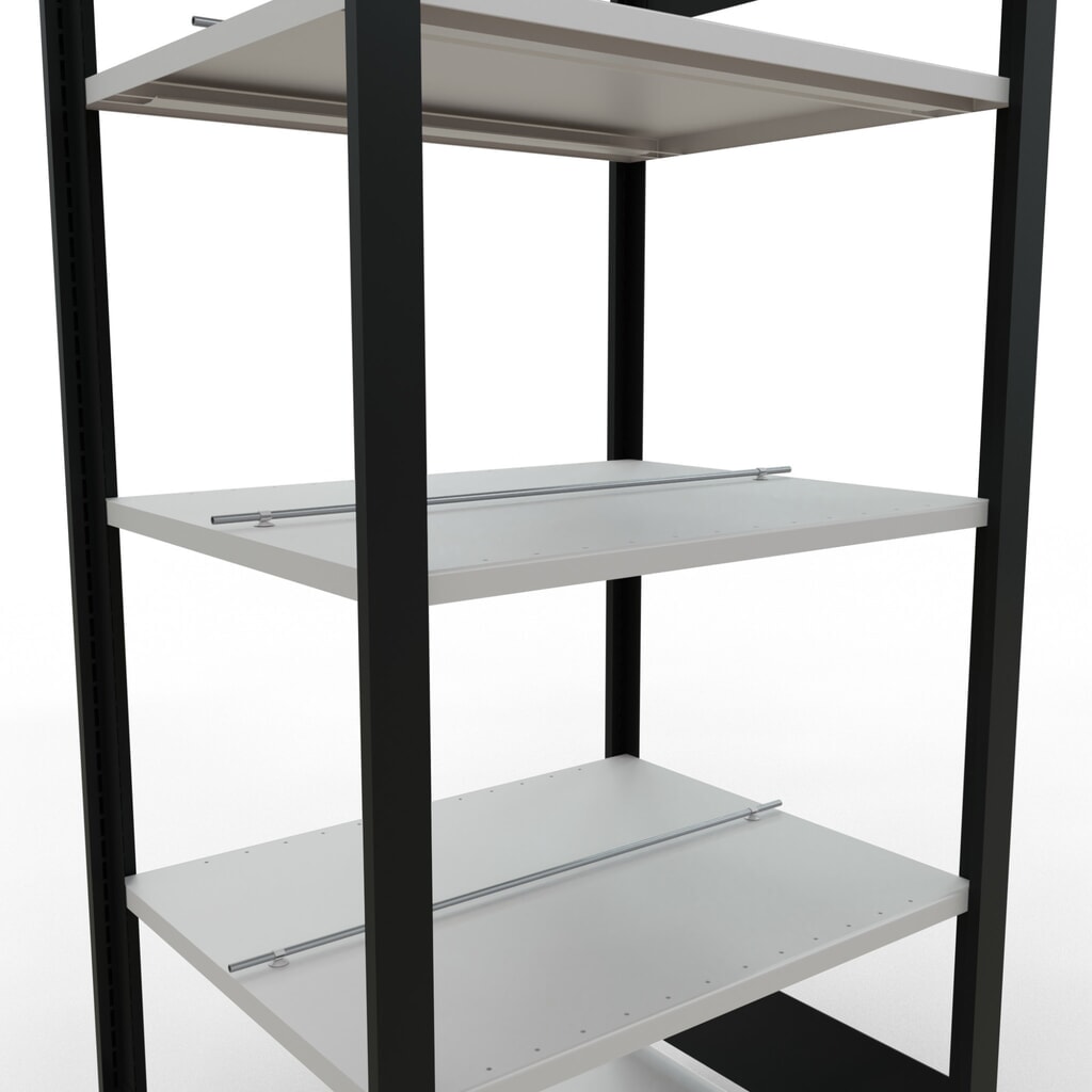 Rayonnage de bureau SCHULTE travée de base, utilisable des deux cotés, avec butées centrales, CT 150 kg, noir, HxlxP 1 800 x 750 x 600 mm N° de l'image du produit 4 : Rayonnage de bureau SCHULTE travée de base, utilisable des deux cotés, avec butées centrales, CT 150 kg, noir, HxlxP 1 800 x 750 x 600 mm