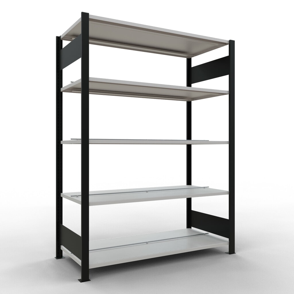Rayonnage de bureau SCHULTE travée de base, utilisable des deux cotés, avec butées centrales, CT 150 kg, noir, HxlxP 1 800 x 1 300 x 600 mm Illustration du produit: Rayonnage de bureau SCHULTE travée de base, utilisable des deux cotés, avec butées centrales, CT 150 kg, noir, HxlxP 1 800 x 1 300 x 600 mm