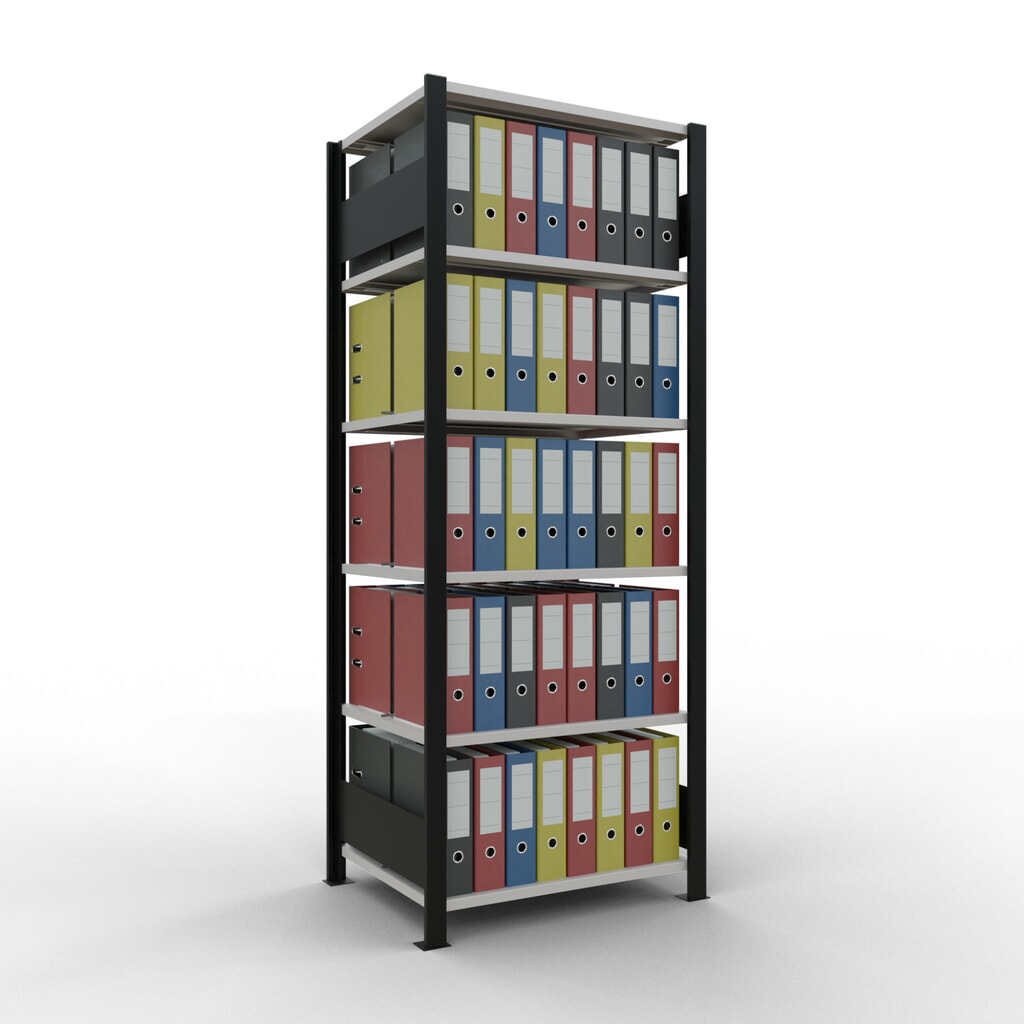 Rayonnage de bureau SCHULTE travée de base, utilisable des deux côtés, avec butées centrales, CT 150 kg, noir, HxlxP 2 000 x 750 x 600 mm N° de l'image du produit 2 : Rayonnage de bureau SCHULTE travée de base, utilisable des deux côtés, avec butées centrales, CT 150 kg, noir, HxlxP 2 000 x 750 x 600 mm