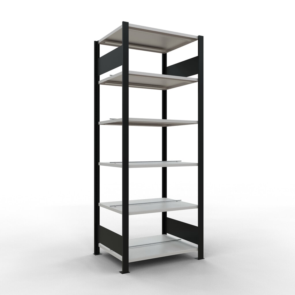 Rayonnage de bureau SCHULTE travée de base, utilisable des deux côtés, avec butées centrales, CT 150 kg, noir, HxlxP 2 000 x 750 x 600 mm Illustration du produit: Rayonnage de bureau SCHULTE travée de base, utilisable des deux côtés, avec butées centrales, CT 150 kg, noir, HxlxP 2 000 x 750 x 600 mm