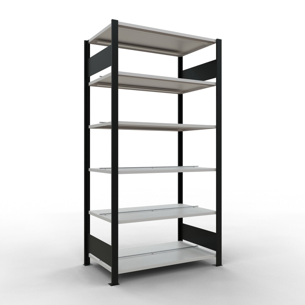 Rayonnage de bureau SCHULTE travée de base, utilisable des deux côtés, avec butées centrales, CT 150 kg, noir, HxlxP 2 000 x 1 000 x 600 mm Illustration du produit: Rayonnage de bureau SCHULTE travée de base, utilisable des deux côtés, avec butées centrales, CT 150 kg, noir, HxlxP 2 000 x 1 000 x 600 mm