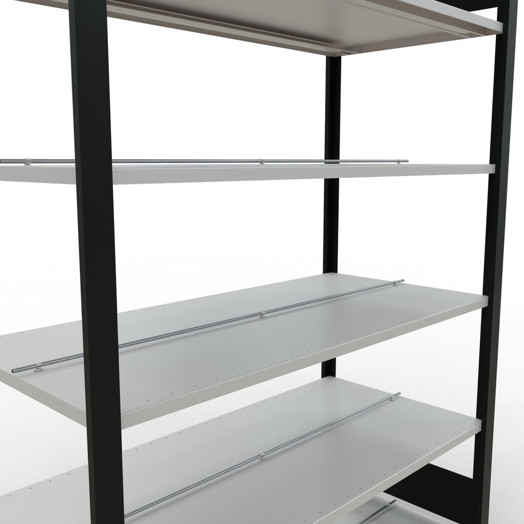 N° de l'image du produit 4 : Rayonnage de bureau SCHULTE travée de base, utilisable des deux côtés, avec butées centrales, CT 150 kg, noir, HxlxP 2 000 x 1 300 x 600 mm