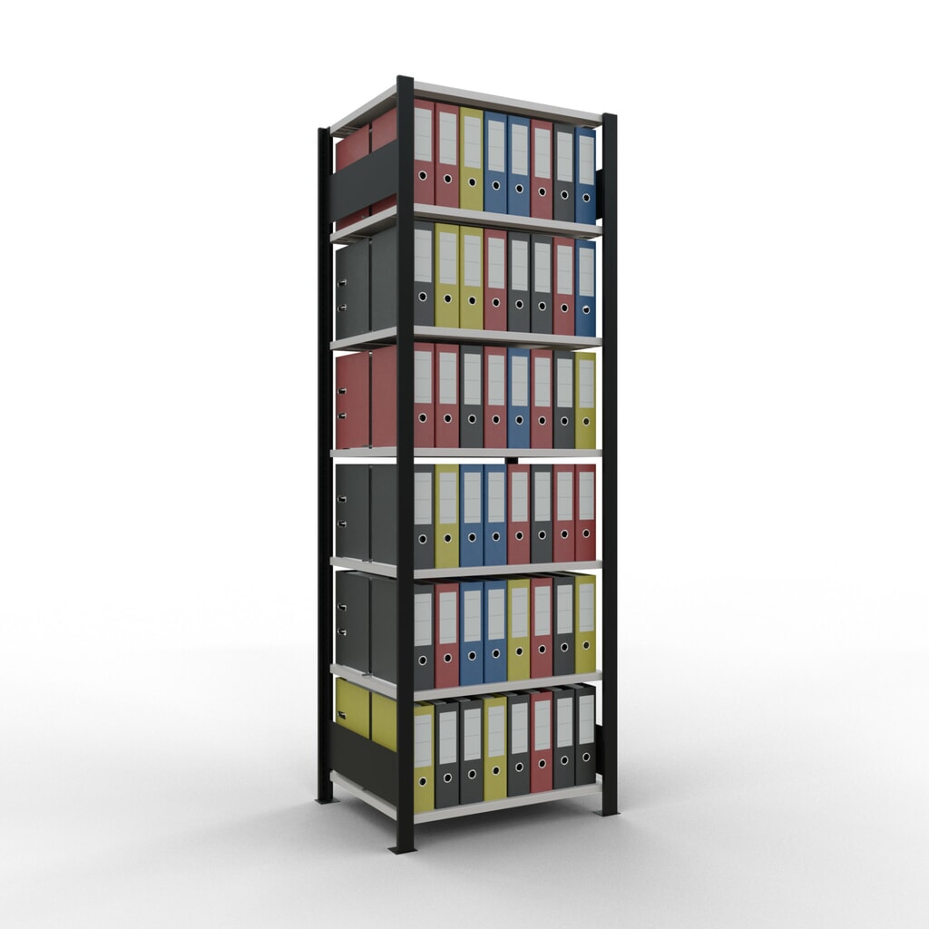 Rayonnage de bureau SCHULTE travée de base, utilisable des deux côtés, avec butées centrales, CT 150 kg, noir, HxlxP 2 300 x 750 x 600 mm N° de l'image du produit 2 : Rayonnage de bureau SCHULTE travée de base, utilisable des deux côtés, avec butées centrales, CT 150 kg, noir, HxlxP 2 300 x 750 x 600 mm