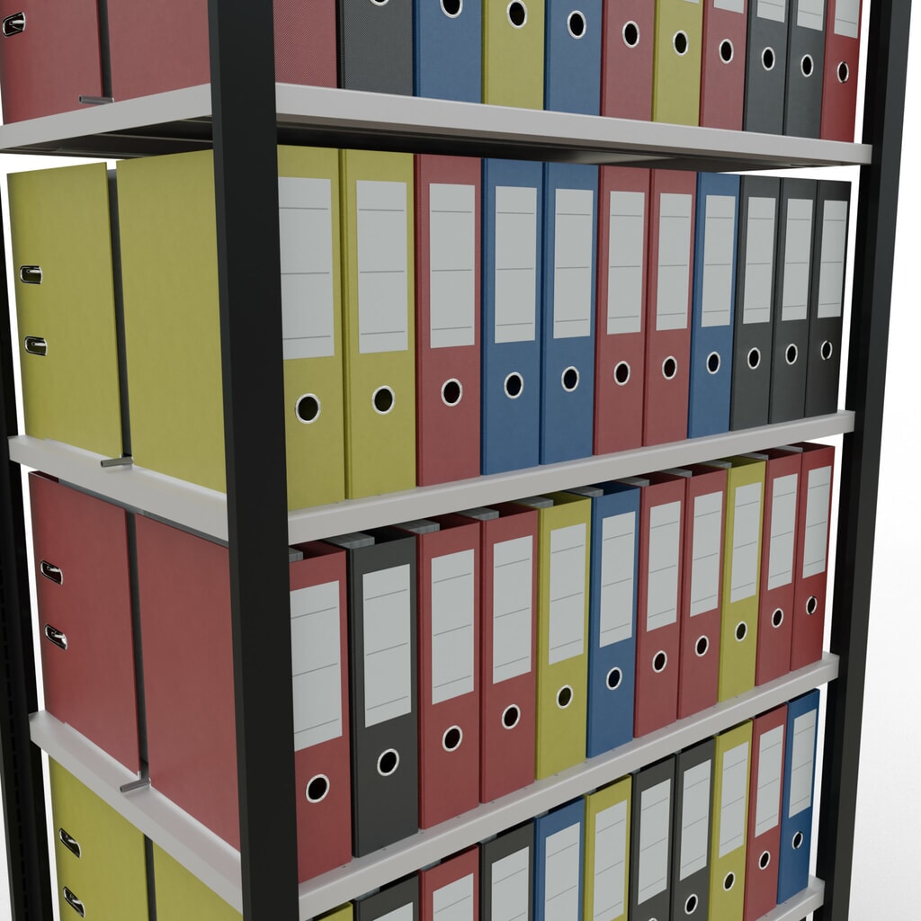 Rayonnage de bureau SCHULTE travée de base, utilisable des deux côtés, avec butées centrales, CT 150 kg, noir, HxlxP 2 300 x 1 000 x 600 mm N° de l'image du produit 3 : Rayonnage de bureau SCHULTE travée de base, utilisable des deux côtés, avec butées centrales, CT 150 kg, noir, HxlxP 2 300 x 1 000 x 600 mm